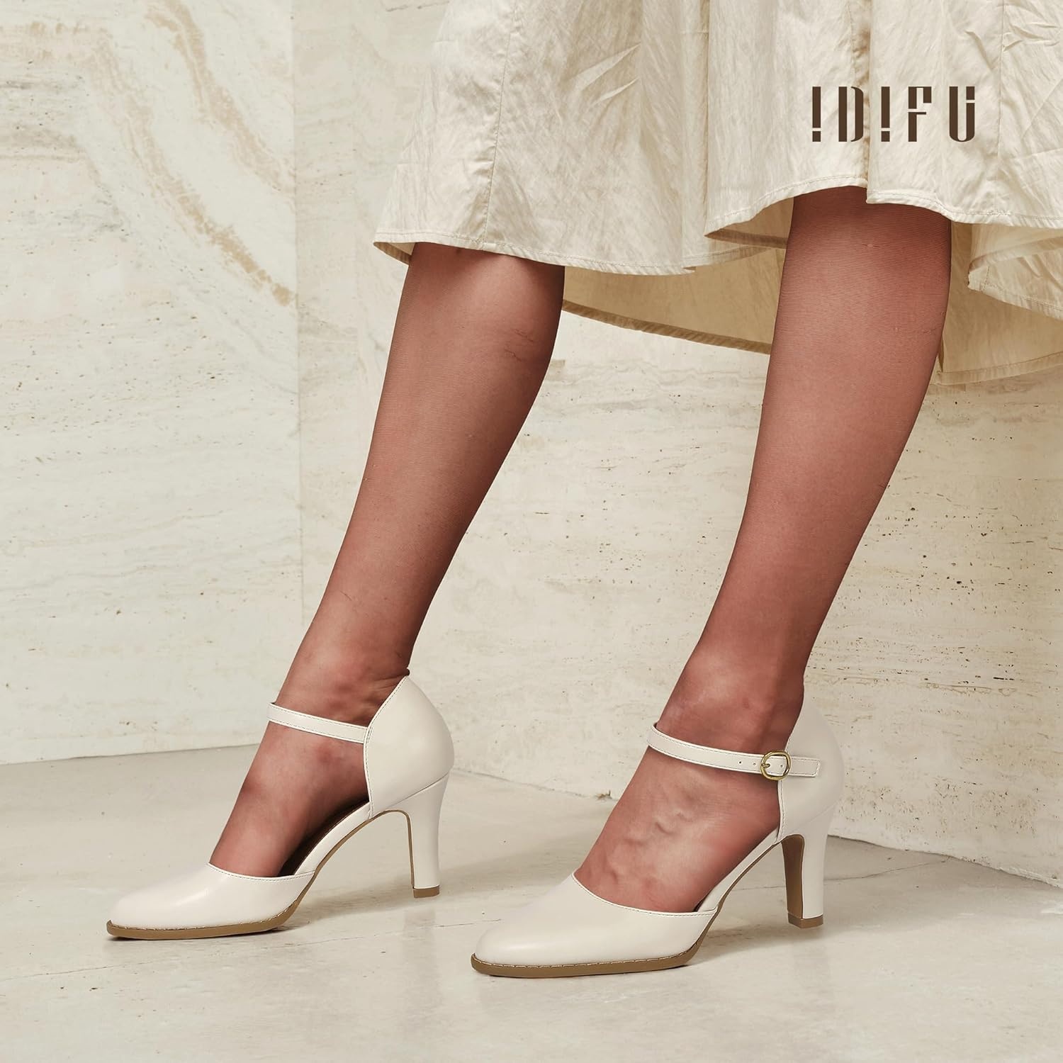 image:imageIDIFU IN3 Closed Toe Chunky High Heels Comfortable Dress Shoes for Women Pumps Vintage Heels Dressy Wedding Prom Bridal Party Work Office Business DOrsay Pumps ShoesWhite Pu