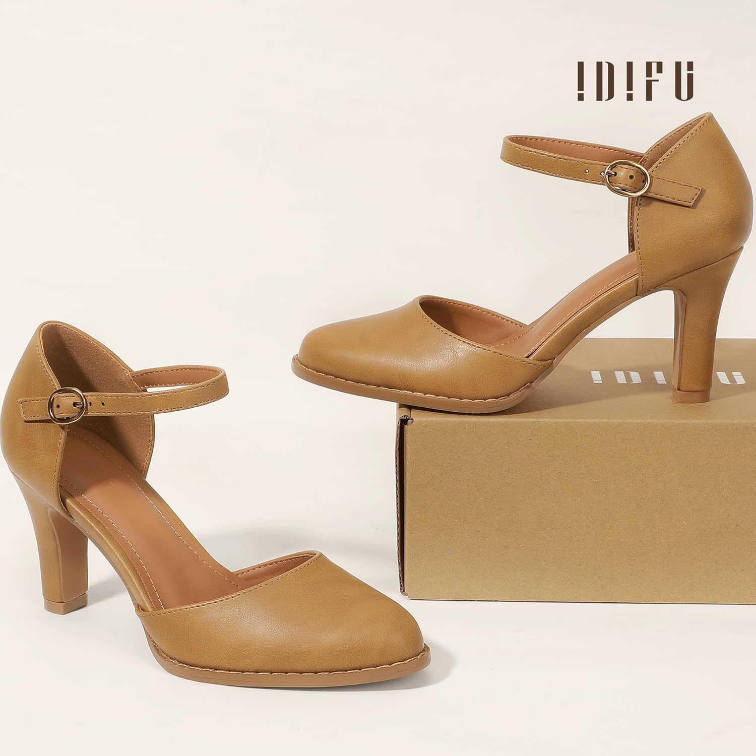 image:imageIDIFU IN3 Closed Toe Chunky High Heels Comfortable Dress Shoes for Women Pumps Vintage Heels Dressy Wedding Prom Bridal Party Work Office Business DOrsay Pumps ShoesLight Brown Pu