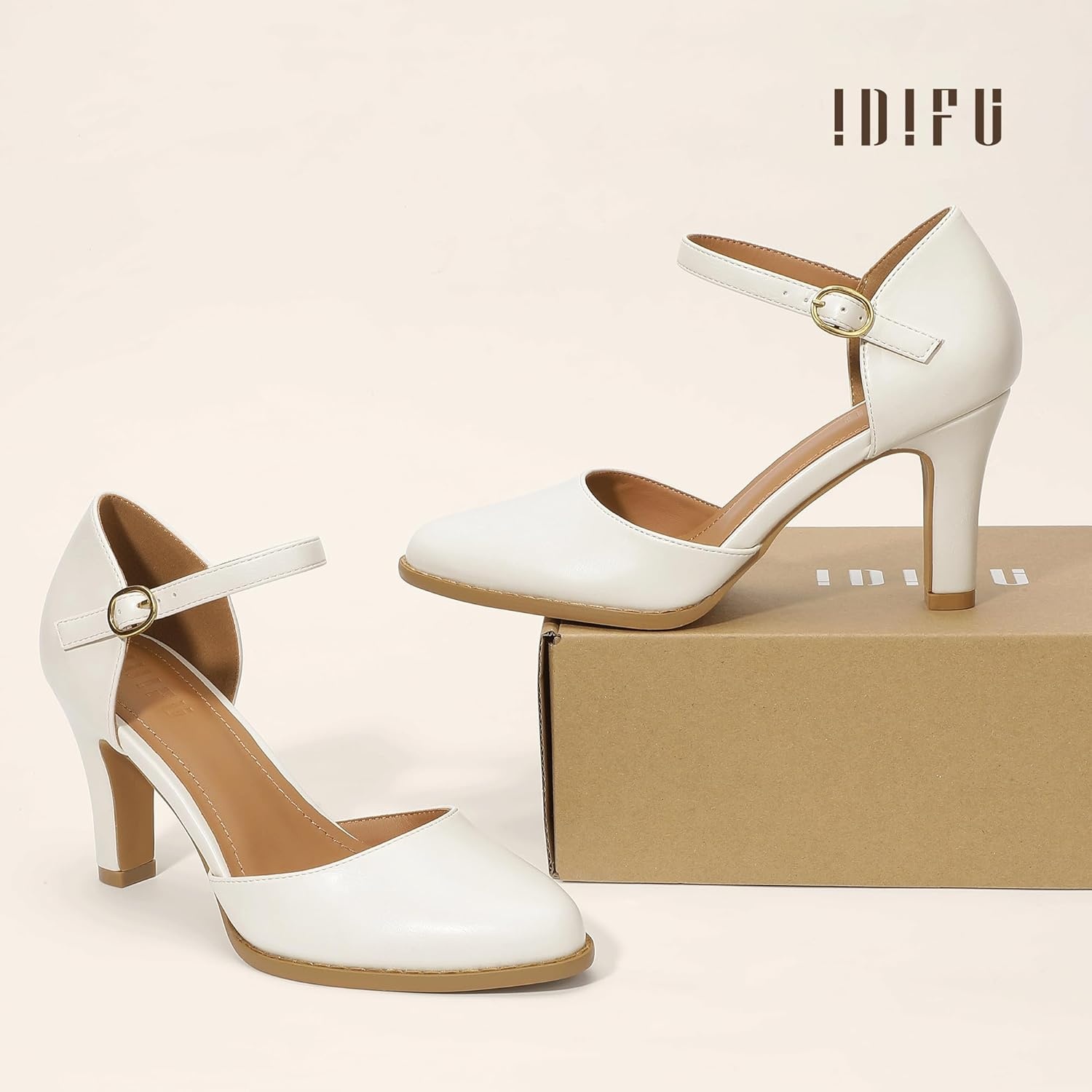 image:imageIDIFU IN3 Closed Toe Chunky High Heels Comfortable Dress Shoes for Women Pumps Vintage Heels Dressy Wedding Prom Bridal Party Work Office Business DOrsay Pumps ShoesWhite Pu