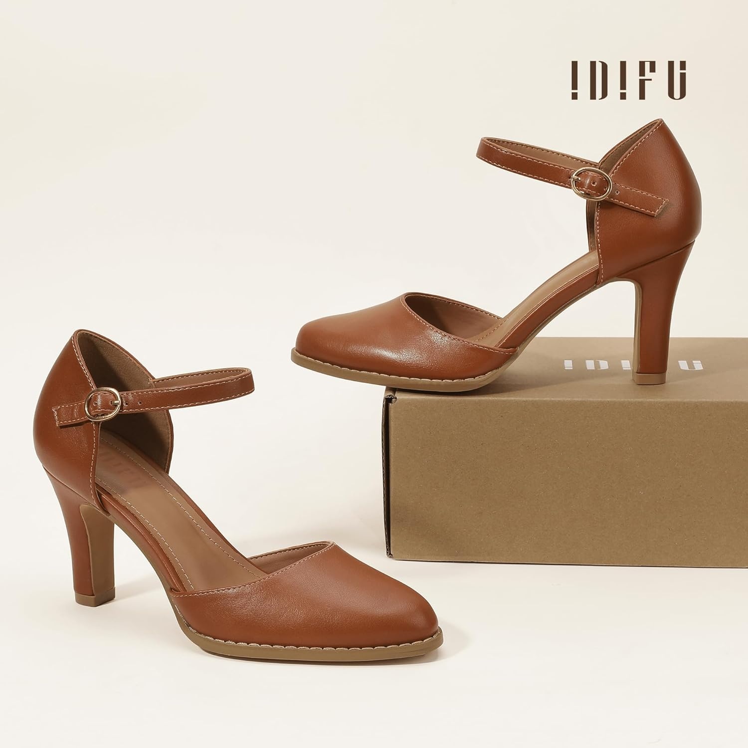 image:imageIDIFU IN3 Closed Toe Chunky High Heels Comfortable Dress Shoes for Women Pumps Vintage Heels Dressy Wedding Prom Bridal Party Work Office Business DOrsay Pumps ShoesBrown Pu