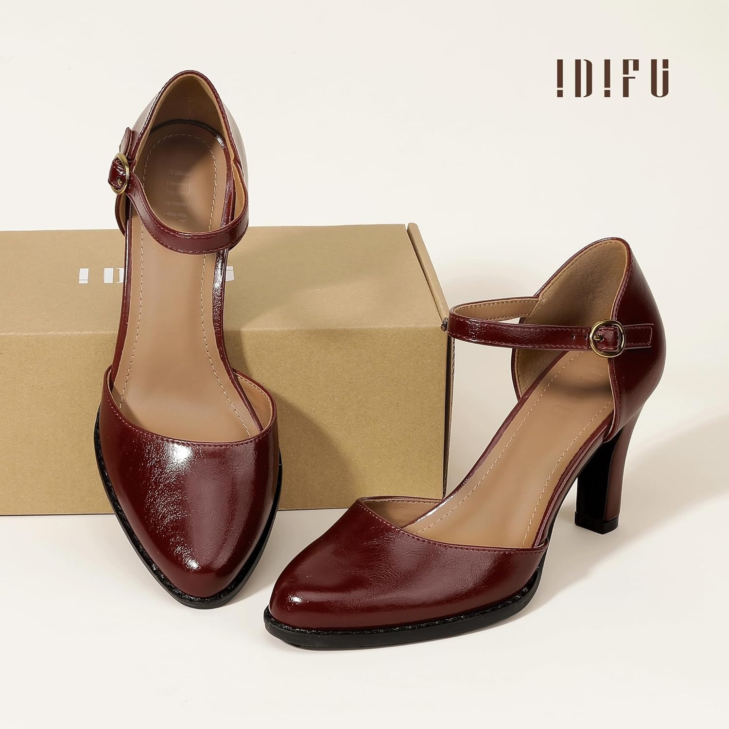 image:imageIDIFU IN3 Closed Toe Chunky High Heels Comfortable Dress Shoes for Women Pumps Vintage Heels Dressy Wedding Prom Bridal Party Work Office Business DOrsay Pumps ShoesBurgundy Pu