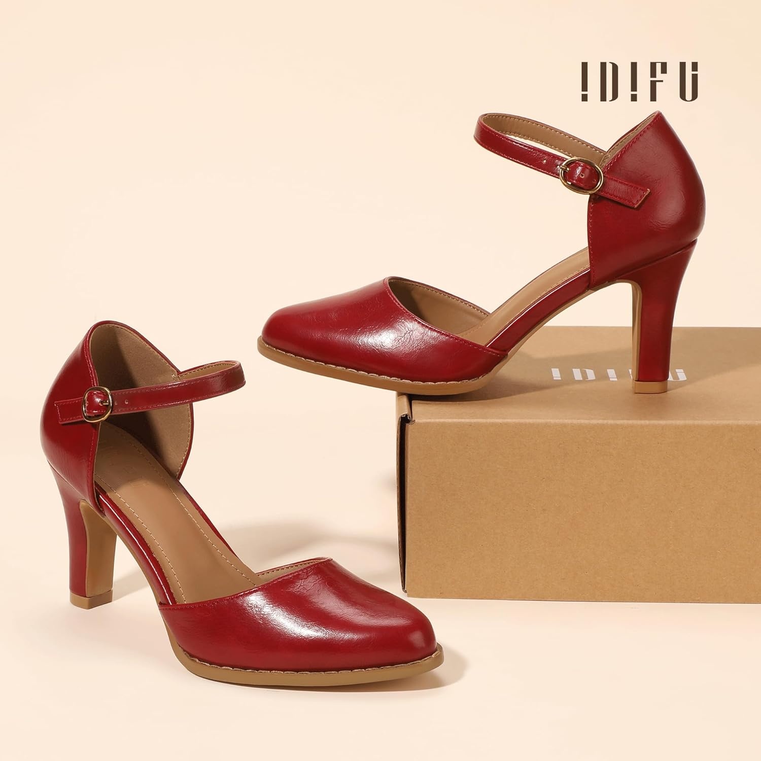 image:imageIDIFU IN3 Closed Toe Chunky High Heels Comfortable Dress Shoes for Women Pumps Vintage Heels Dressy Wedding Prom Bridal Party Work Office Business DOrsay Pumps ShoesNl Red Pu