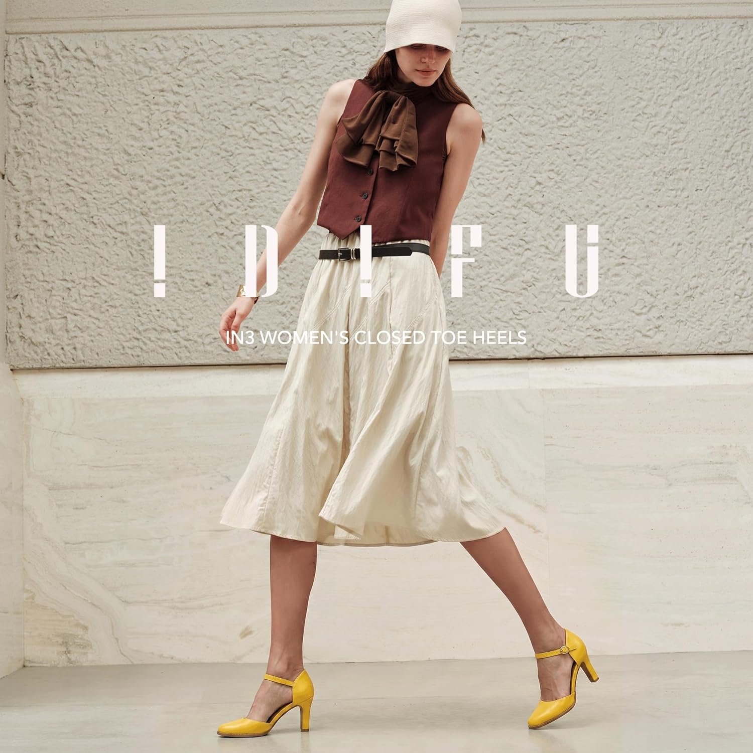 image:imageIDIFU IN3 Closed Toe Chunky High Heels Comfortable Dress Shoes for Women Pumps Vintage Heels Dressy Wedding Prom Bridal Party Work Office Business DOrsay Pumps ShoesYellow Pu