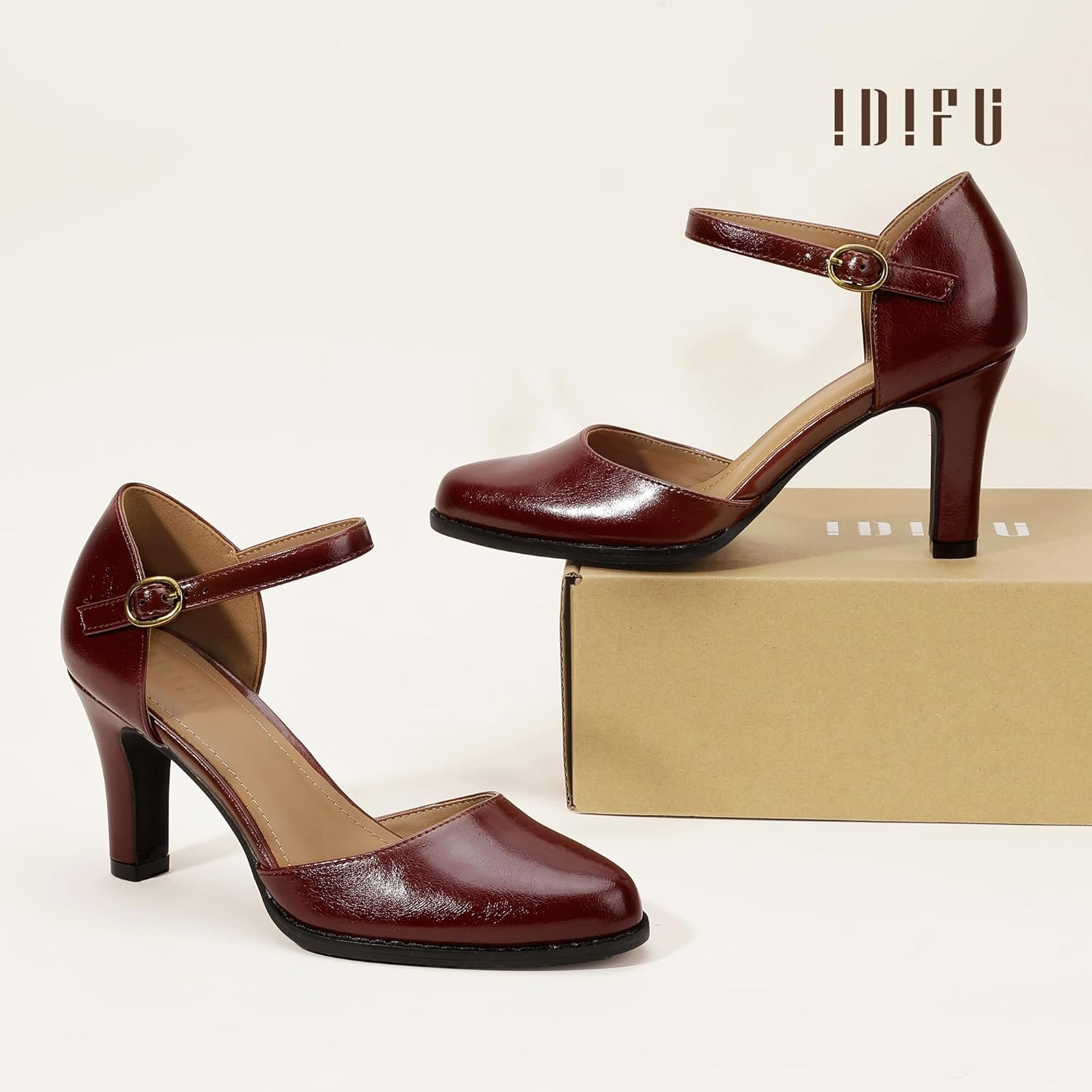 image:imageIDIFU IN3 Closed Toe Chunky High Heels Comfortable Dress Shoes for Women Pumps Vintage Heels Dressy Wedding Prom Bridal Party Work Office Business DOrsay Pumps ShoesBurgundy Pu