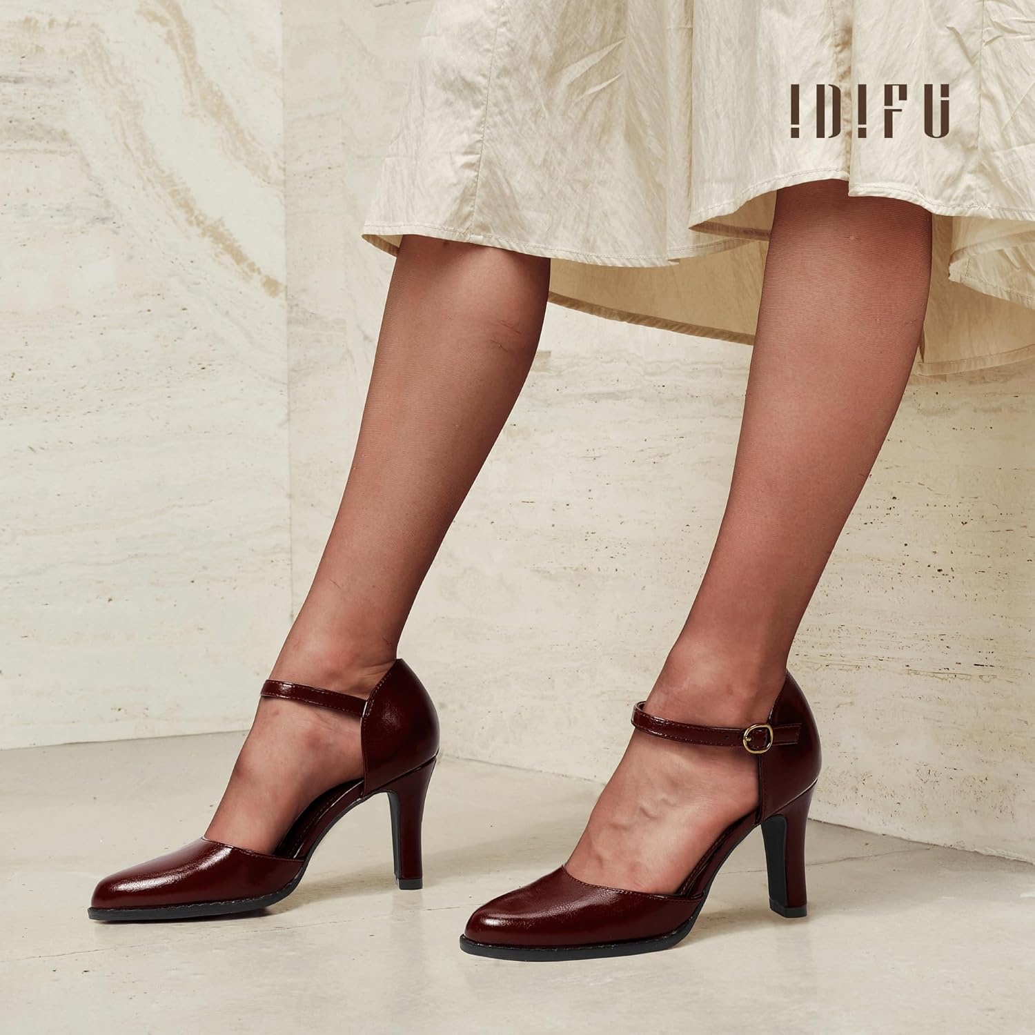 image:imageIDIFU IN3 Closed Toe Chunky High Heels Comfortable Dress Shoes for Women Pumps Vintage Heels Dressy Wedding Prom Bridal Party Work Office Business DOrsay Pumps ShoesBurgundy Pu