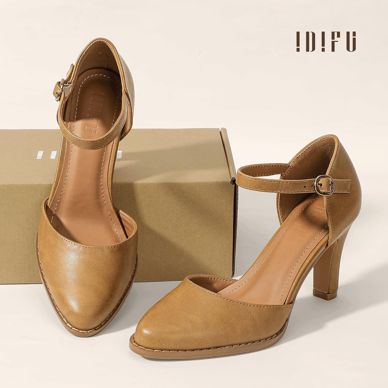image:imageIDIFU IN3 Closed Toe Chunky High Heels Comfortable Dress Shoes for Women Pumps Vintage Heels Dressy Wedding Prom Bridal Party Work Office Business DOrsay Pumps ShoesLight Brown Pu