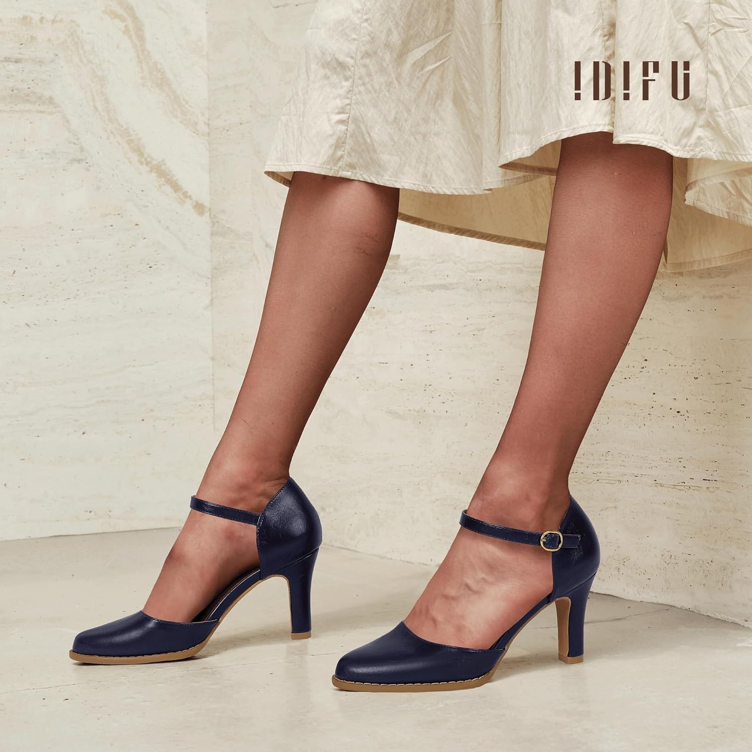 image:imageIDIFU IN3 Closed Toe Chunky High Heels Comfortable Dress Shoes for Women Pumps Vintage Heels Dressy Wedding Prom Bridal Party Work Office Business DOrsay Pumps ShoesNavy Blue Pu