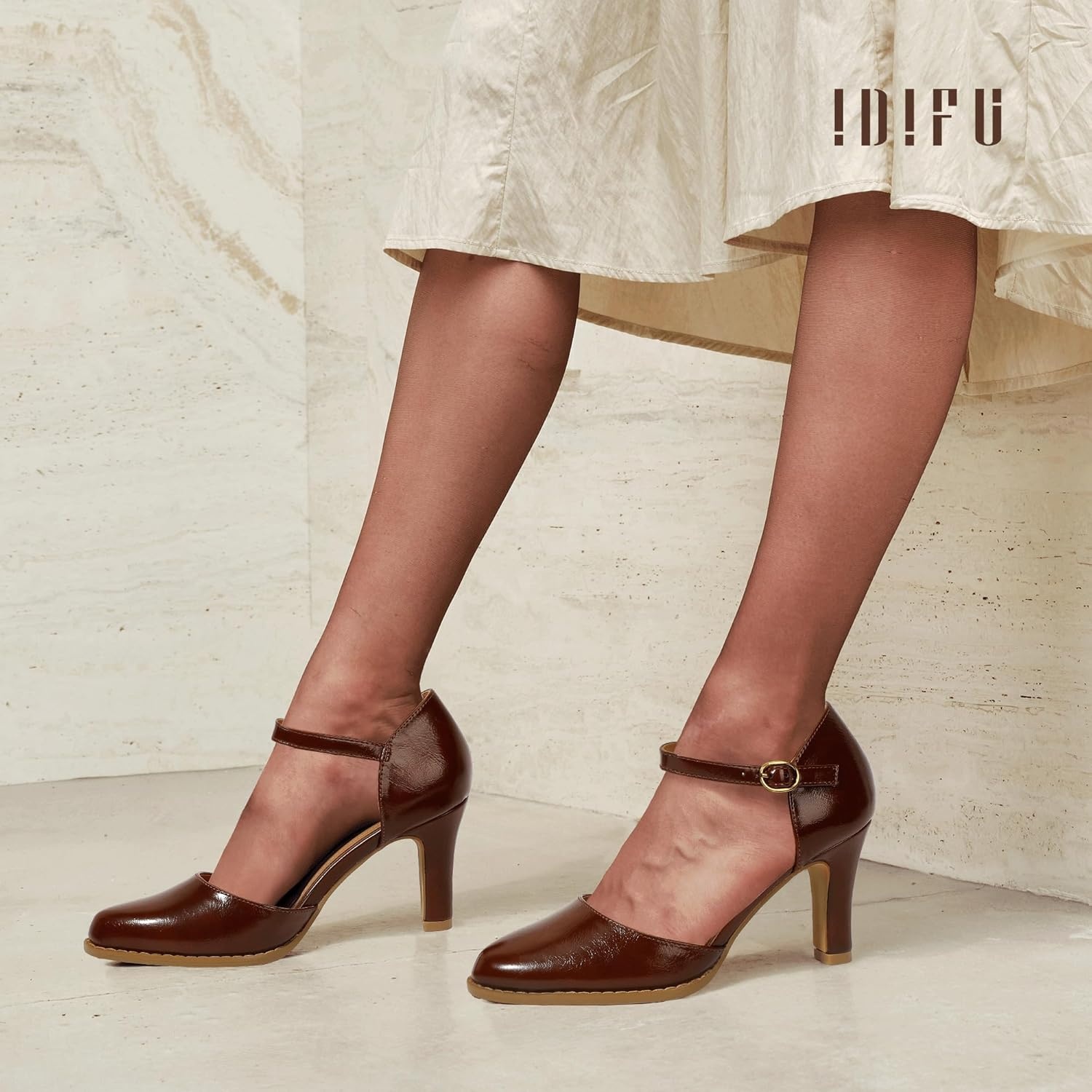 image:imageIDIFU IN3 Closed Toe Chunky High Heels Comfortable Dress Shoes for Women Pumps Vintage Heels Dressy Wedding Prom Bridal Party Work Office Business DOrsay Pumps ShoesDark Brown Pu