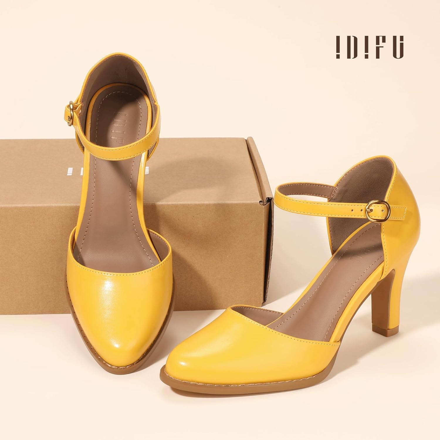 image:imageIDIFU IN3 Closed Toe Chunky High Heels Comfortable Dress Shoes for Women Pumps Vintage Heels Dressy Wedding Prom Bridal Party Work Office Business DOrsay Pumps ShoesYellow Pu