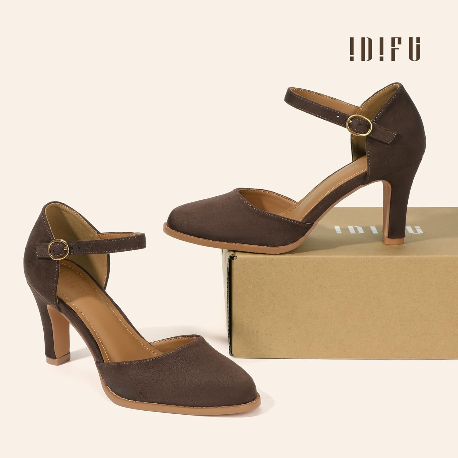 image:imageIDIFU IN3 Closed Toe Chunky High Heels Comfortable Dress Shoes for Women Pumps Vintage Heels Dressy Wedding Prom Bridal Party Work Office Business DOrsay Pumps ShoesBrown Suede