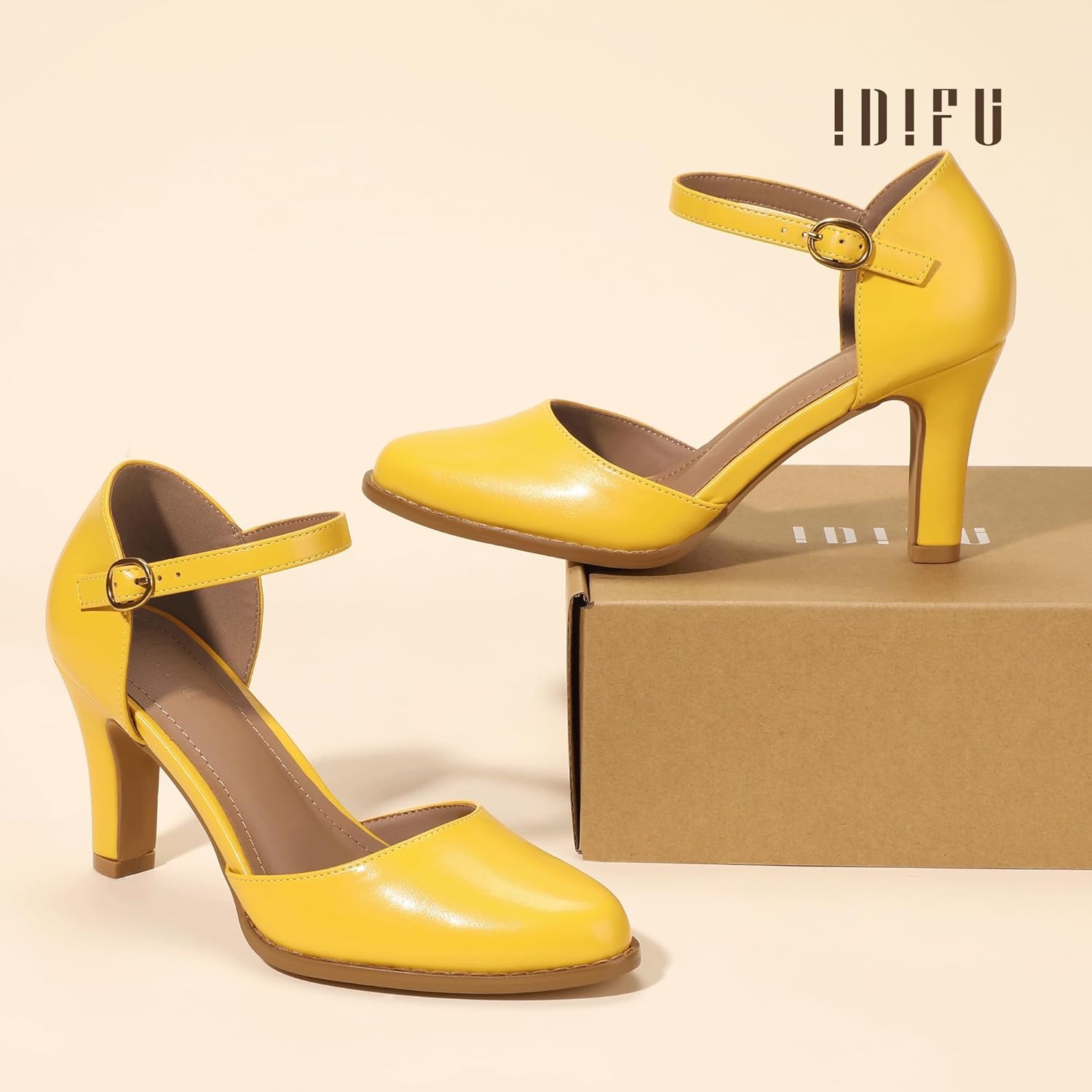 image:imageIDIFU IN3 Closed Toe Chunky High Heels Comfortable Dress Shoes for Women Pumps Vintage Heels Dressy Wedding Prom Bridal Party Work Office Business DOrsay Pumps ShoesYellow Pu