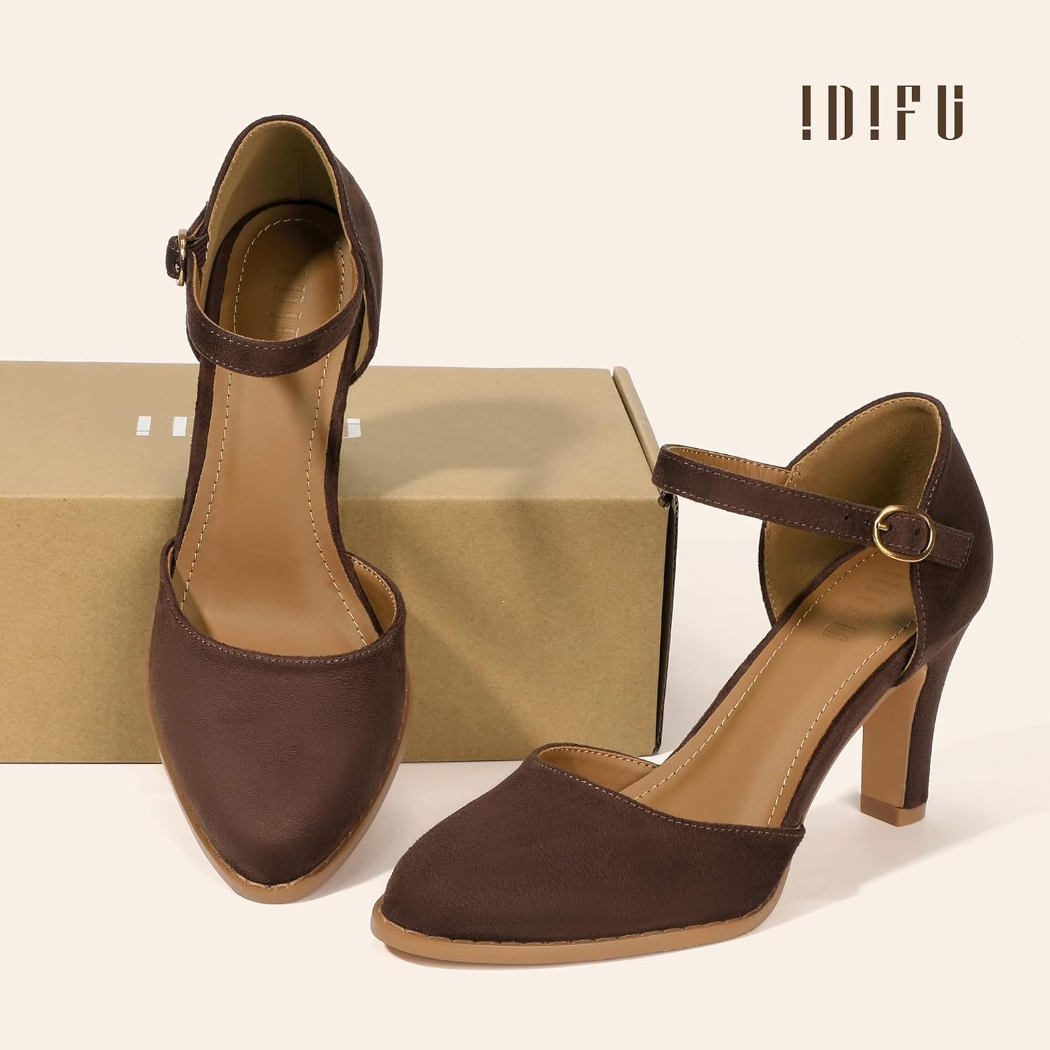image:imageIDIFU IN3 Closed Toe Chunky High Heels Comfortable Dress Shoes for Women Pumps Vintage Heels Dressy Wedding Prom Bridal Party Work Office Business DOrsay Pumps ShoesBrown Suede