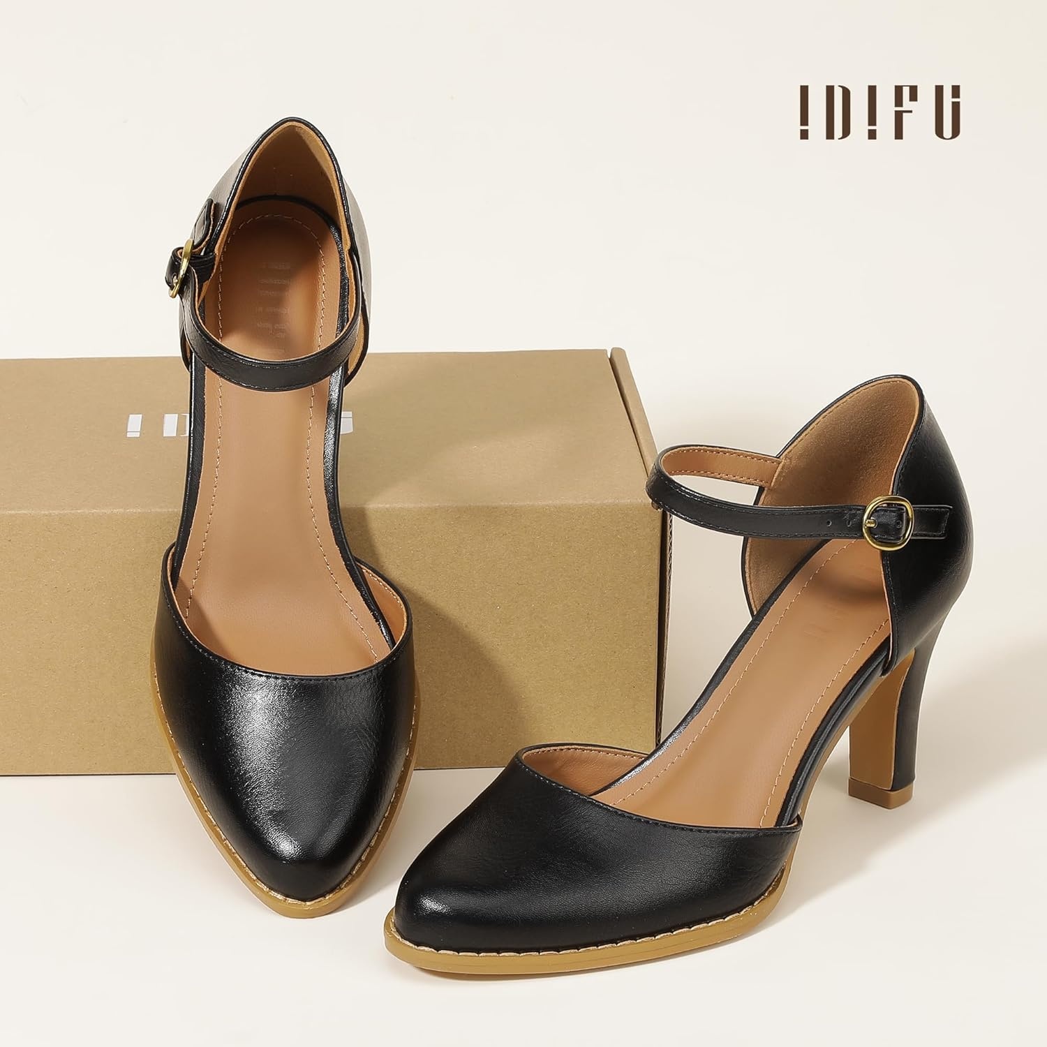 image:imageIDIFU IN3 Closed Toe Chunky High Heels Comfortable Dress Shoes for Women Pumps Vintage Heels Dressy Wedding Prom Bridal Party Work Office Business DOrsay Pumps ShoesBlack Pu