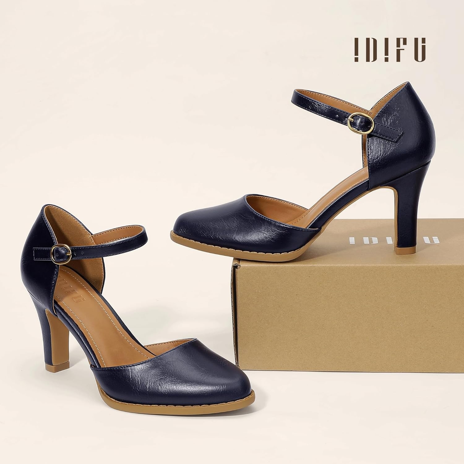 image:imageIDIFU IN3 Closed Toe Chunky High Heels Comfortable Dress Shoes for Women Pumps Vintage Heels Dressy Wedding Prom Bridal Party Work Office Business DOrsay Pumps ShoesNavy Blue Pu