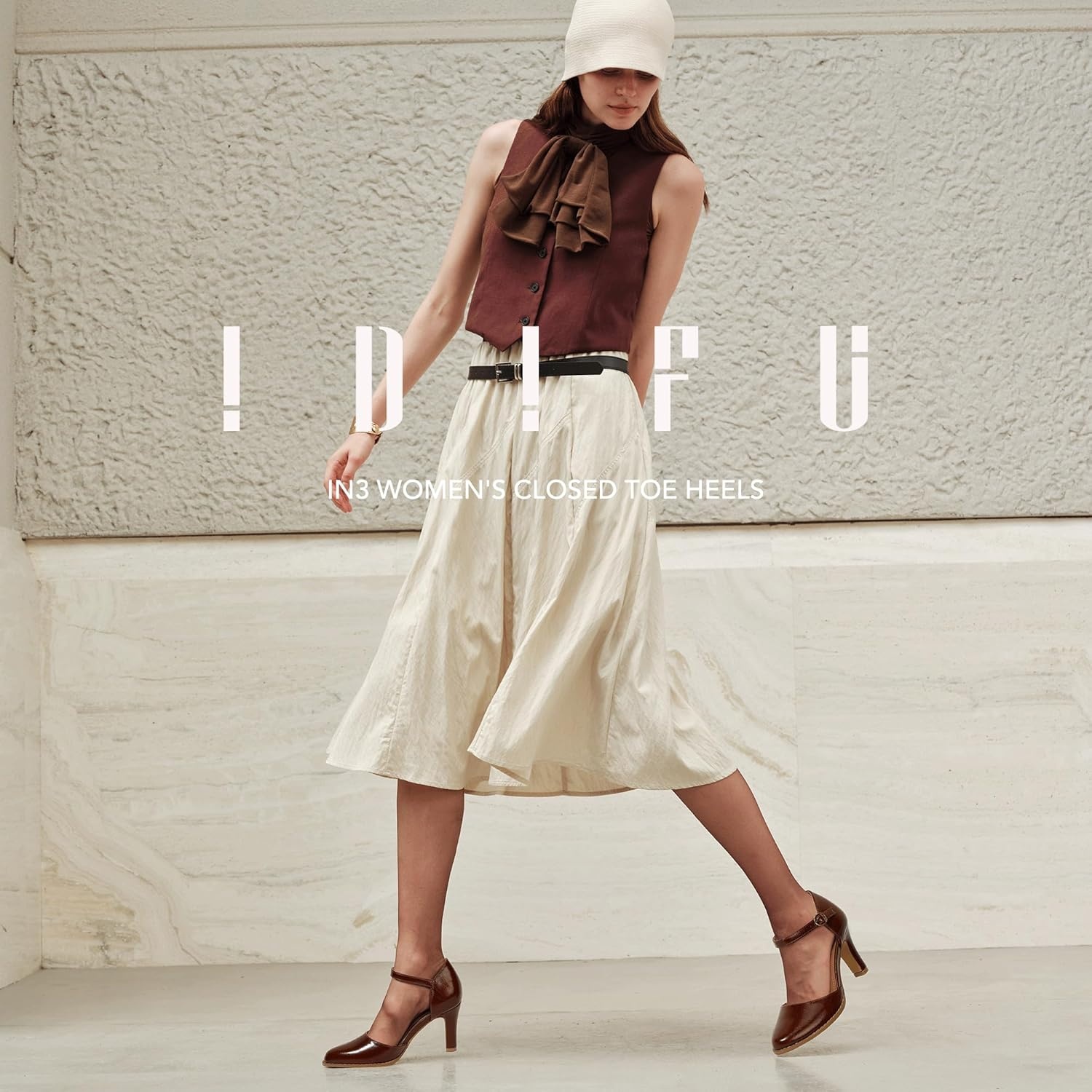 image:imageIDIFU IN3 Closed Toe Chunky High Heels Comfortable Dress Shoes for Women Pumps Vintage Heels Dressy Wedding Prom Bridal Party Work Office Business DOrsay Pumps ShoesDark Brown Pu