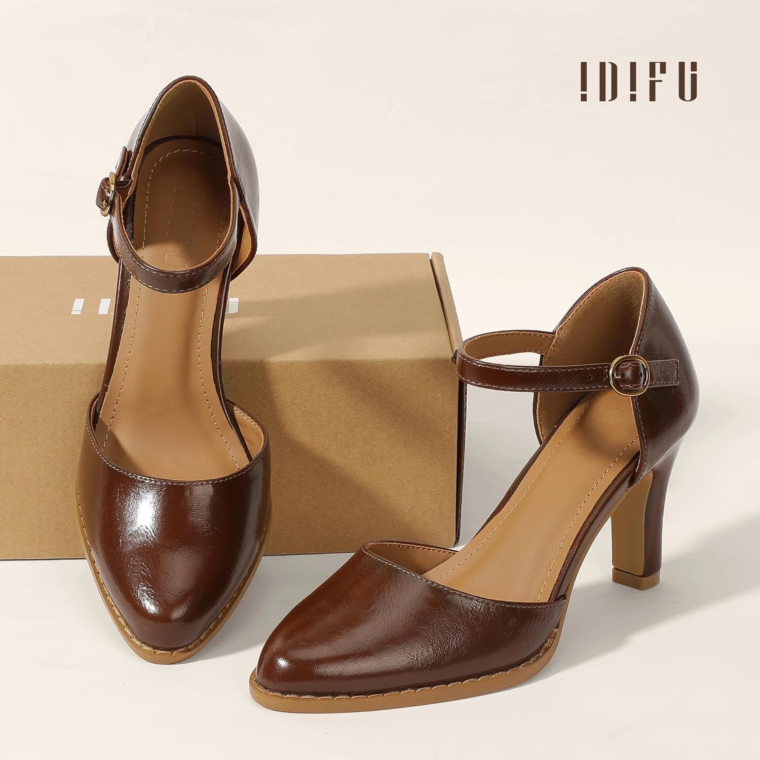 image:imageIDIFU IN3 Closed Toe Chunky High Heels Comfortable Dress Shoes for Women Pumps Vintage Heels Dressy Wedding Prom Bridal Party Work Office Business DOrsay Pumps ShoesDark Brown Pu