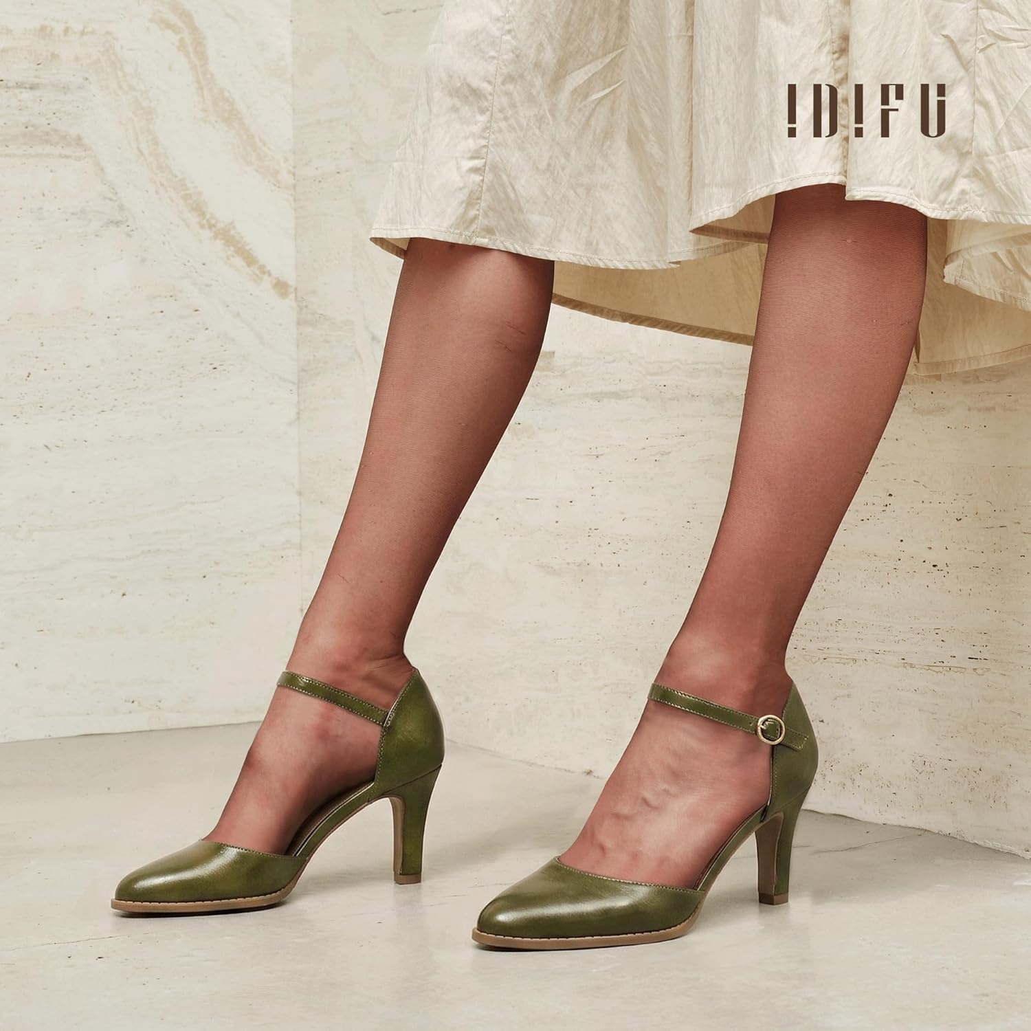 image:imageIDIFU IN3 Closed Toe Chunky High Heels Comfortable Dress Shoes for Women Pumps Vintage Heels Dressy Wedding Prom Bridal Party Work Office Business DOrsay Pumps ShoesOlive Green Pu