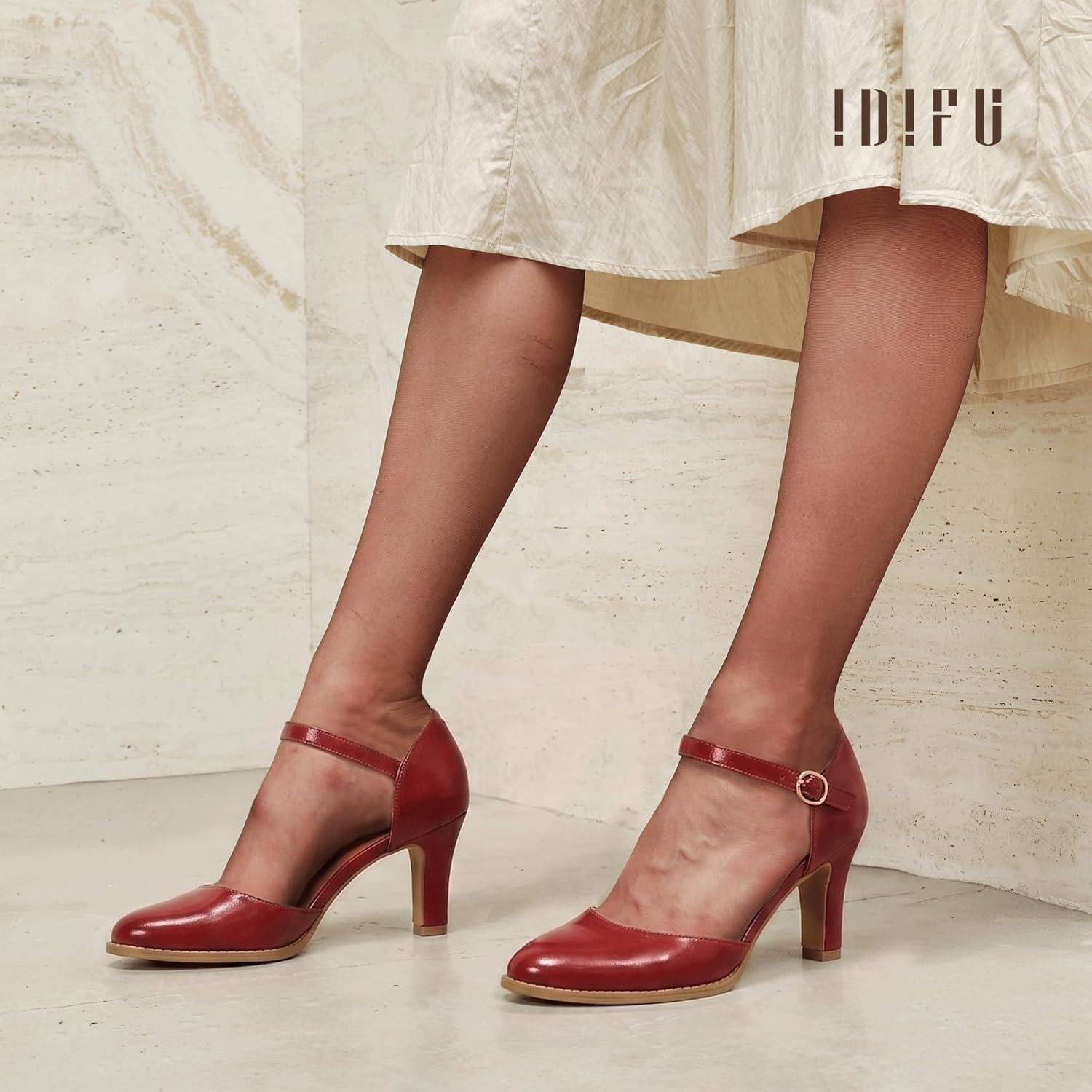 image:imageIDIFU IN3 Closed Toe Chunky High Heels Comfortable Dress Shoes for Women Pumps Vintage Heels Dressy Wedding Prom Bridal Party Work Office Business DOrsay Pumps ShoesNl Red Pu