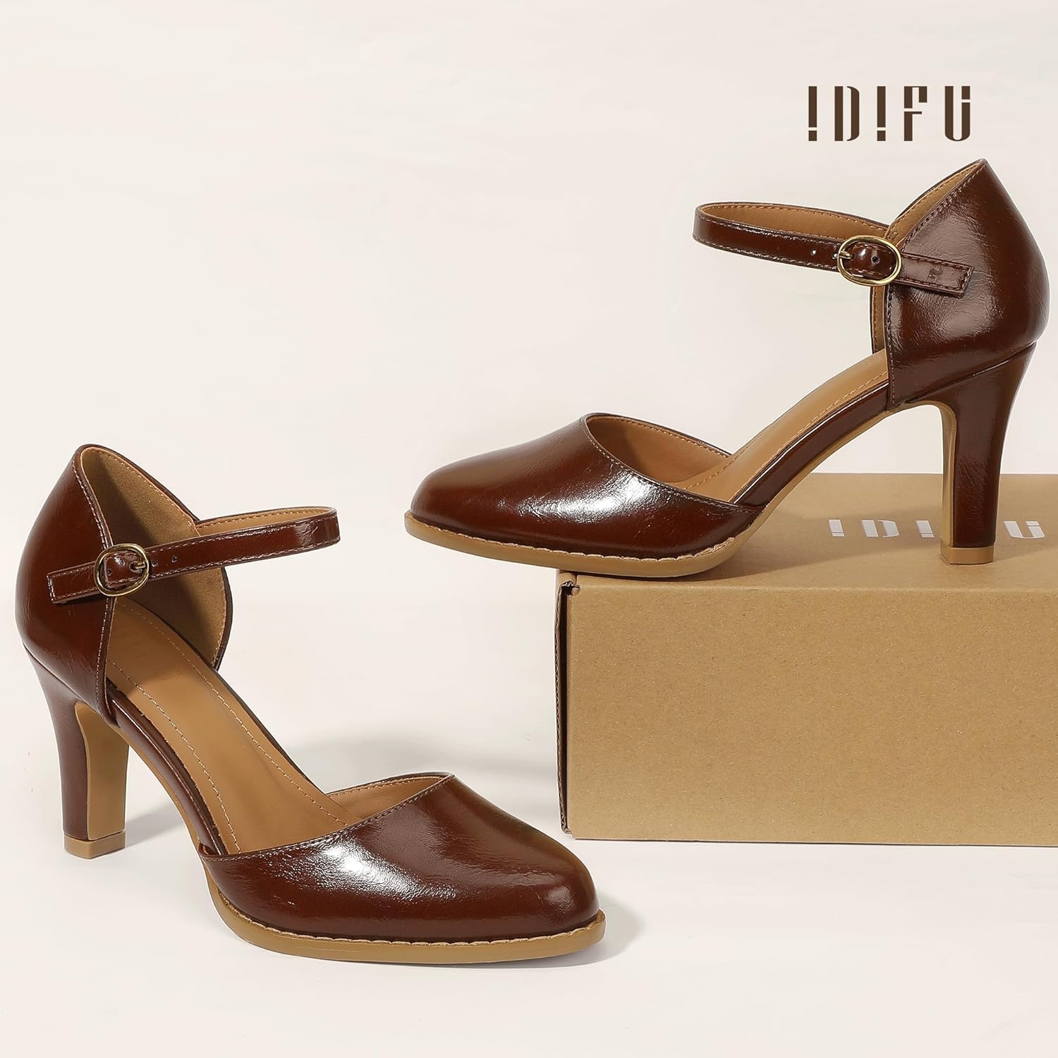 image:imageIDIFU IN3 Closed Toe Chunky High Heels Comfortable Dress Shoes for Women Pumps Vintage Heels Dressy Wedding Prom Bridal Party Work Office Business DOrsay Pumps ShoesDark Brown Pu