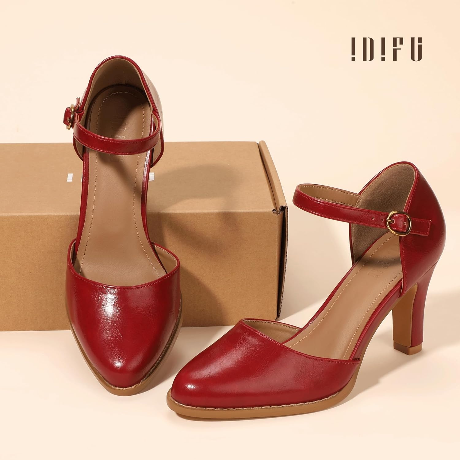 image:imageIDIFU IN3 Closed Toe Chunky High Heels Comfortable Dress Shoes for Women Pumps Vintage Heels Dressy Wedding Prom Bridal Party Work Office Business DOrsay Pumps ShoesNl Red Pu