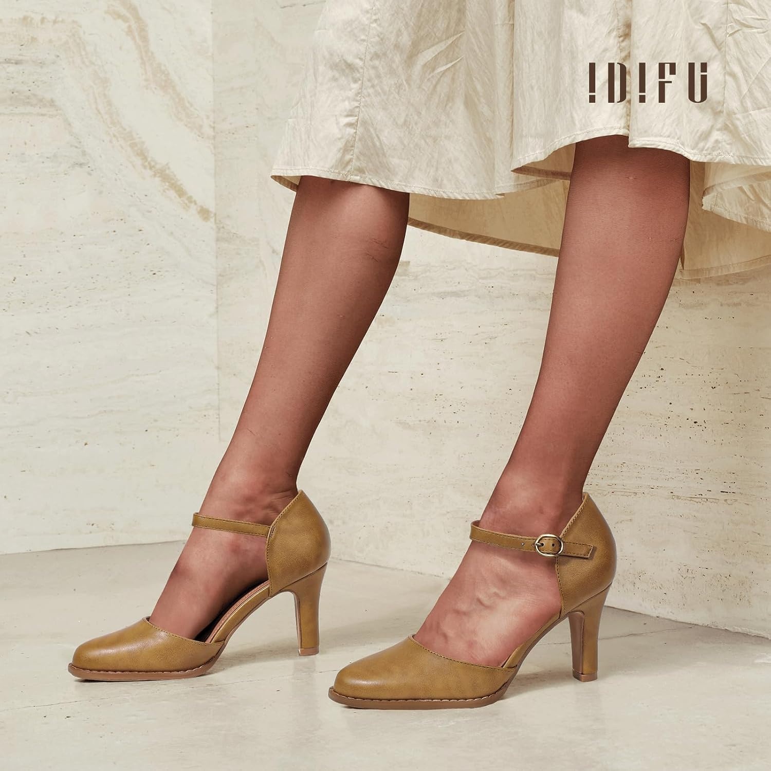 image:imageIDIFU IN3 Closed Toe Chunky High Heels Comfortable Dress Shoes for Women Pumps Vintage Heels Dressy Wedding Prom Bridal Party Work Office Business DOrsay Pumps ShoesLight Brown Pu