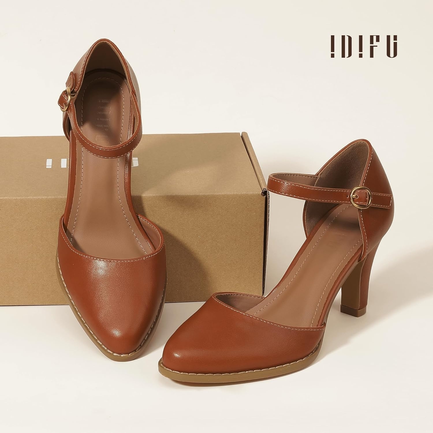 image:imageIDIFU IN3 Closed Toe Chunky High Heels Comfortable Dress Shoes for Women Pumps Vintage Heels Dressy Wedding Prom Bridal Party Work Office Business DOrsay Pumps ShoesBrown Pu