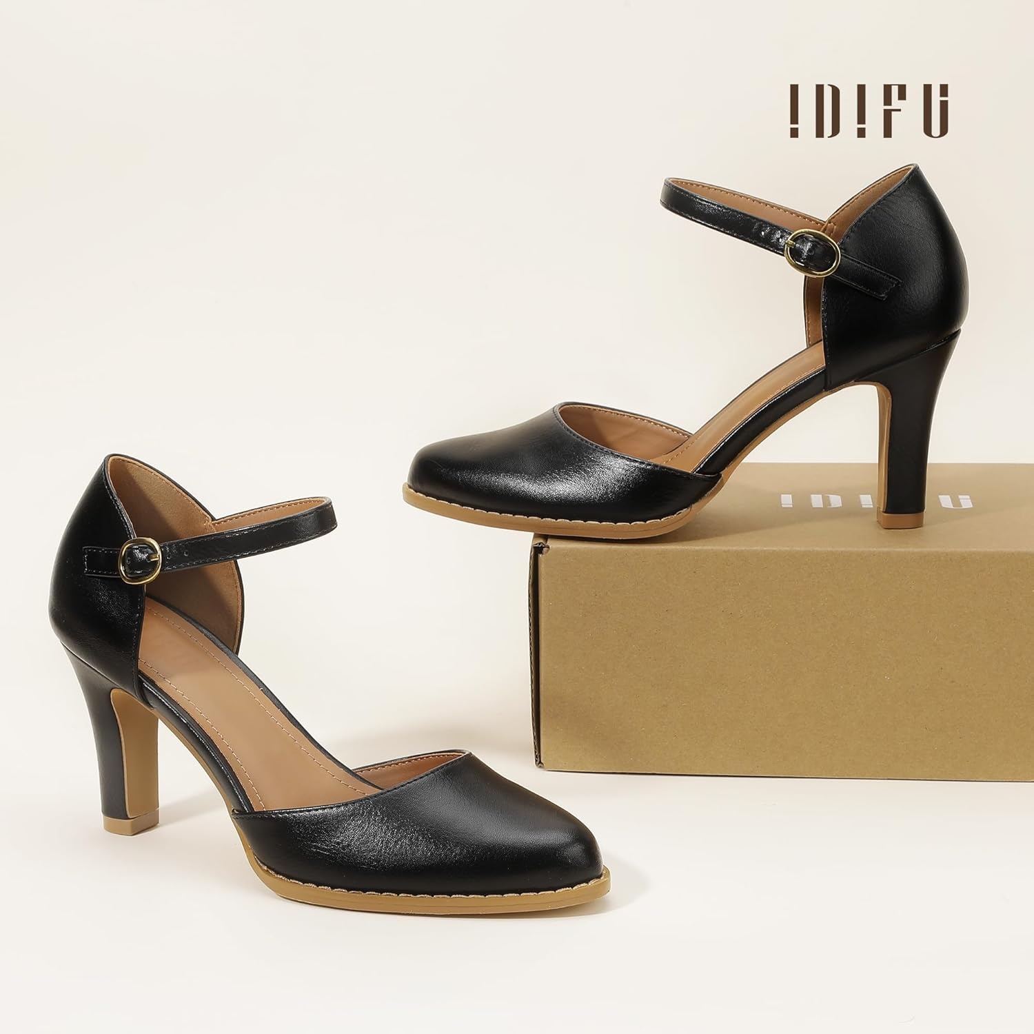 image:imageIDIFU IN3 Closed Toe Chunky High Heels Comfortable Dress Shoes for Women Pumps Vintage Heels Dressy Wedding Prom Bridal Party Work Office Business DOrsay Pumps ShoesBlack Pu