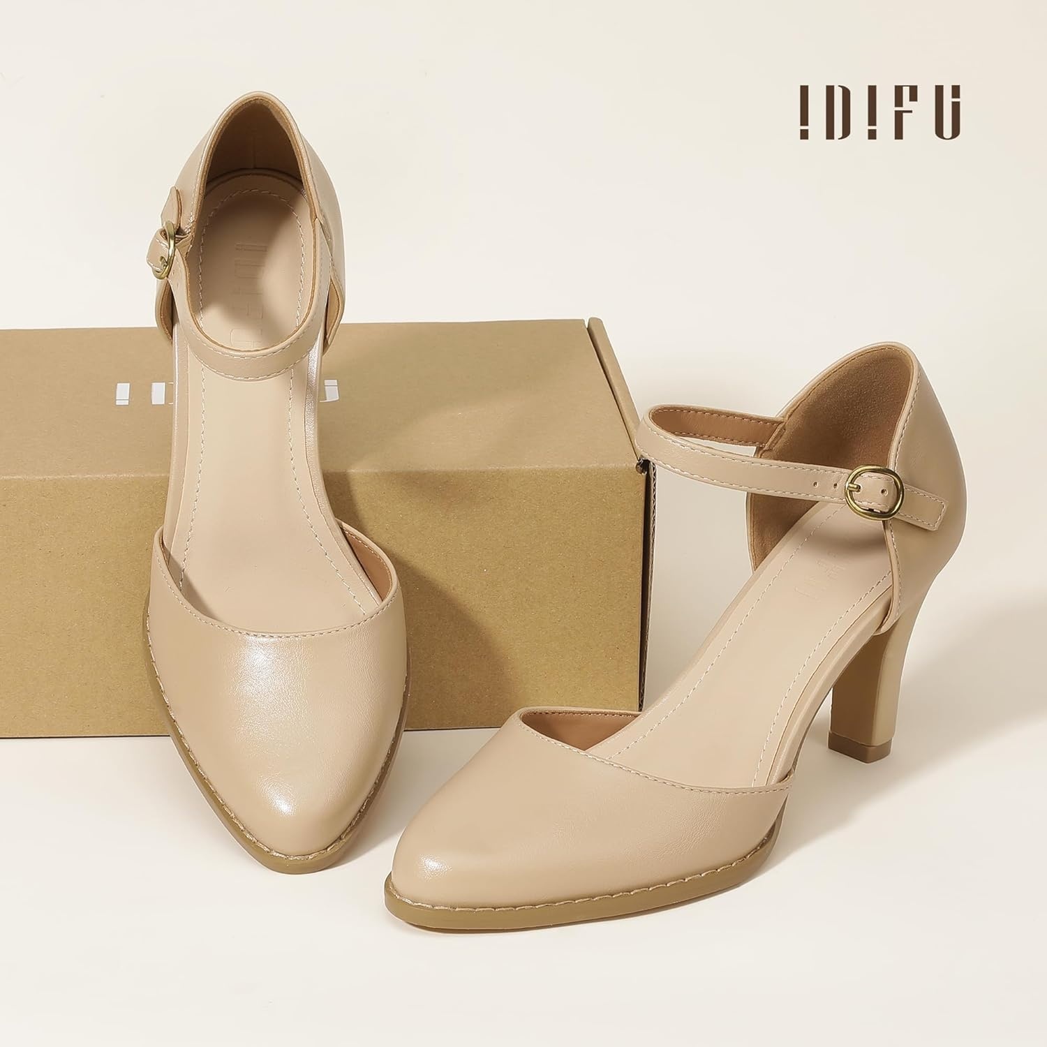 image:imageIDIFU IN3 Closed Toe Chunky High Heels Comfortable Dress Shoes for Women Pumps Vintage Heels Dressy Wedding Prom Bridal Party Work Office Business DOrsay Pumps ShoesNude Pu