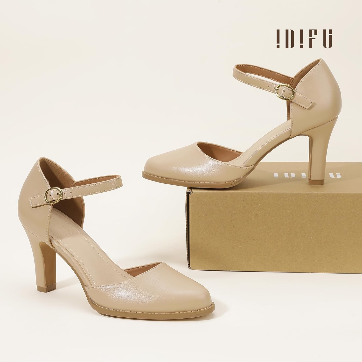 image:imageIDIFU IN3 Closed Toe Chunky High Heels Comfortable Dress Shoes for Women Pumps Vintage Heels Dressy Wedding Prom Bridal Party Work Office Business DOrsay Pumps ShoesNude Pu