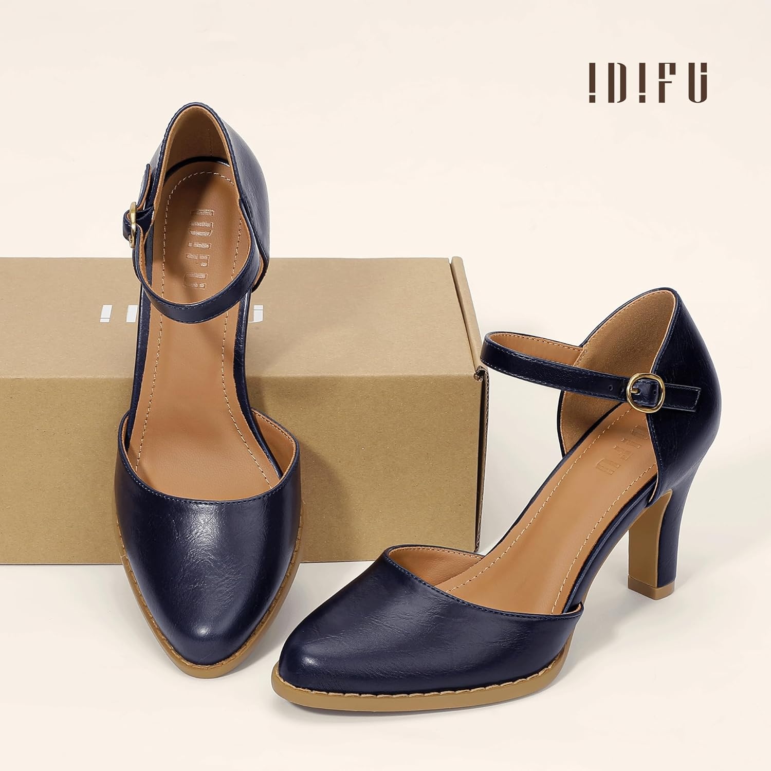 image:imageIDIFU IN3 Closed Toe Chunky High Heels Comfortable Dress Shoes for Women Pumps Vintage Heels Dressy Wedding Prom Bridal Party Work Office Business DOrsay Pumps ShoesNavy Blue Pu