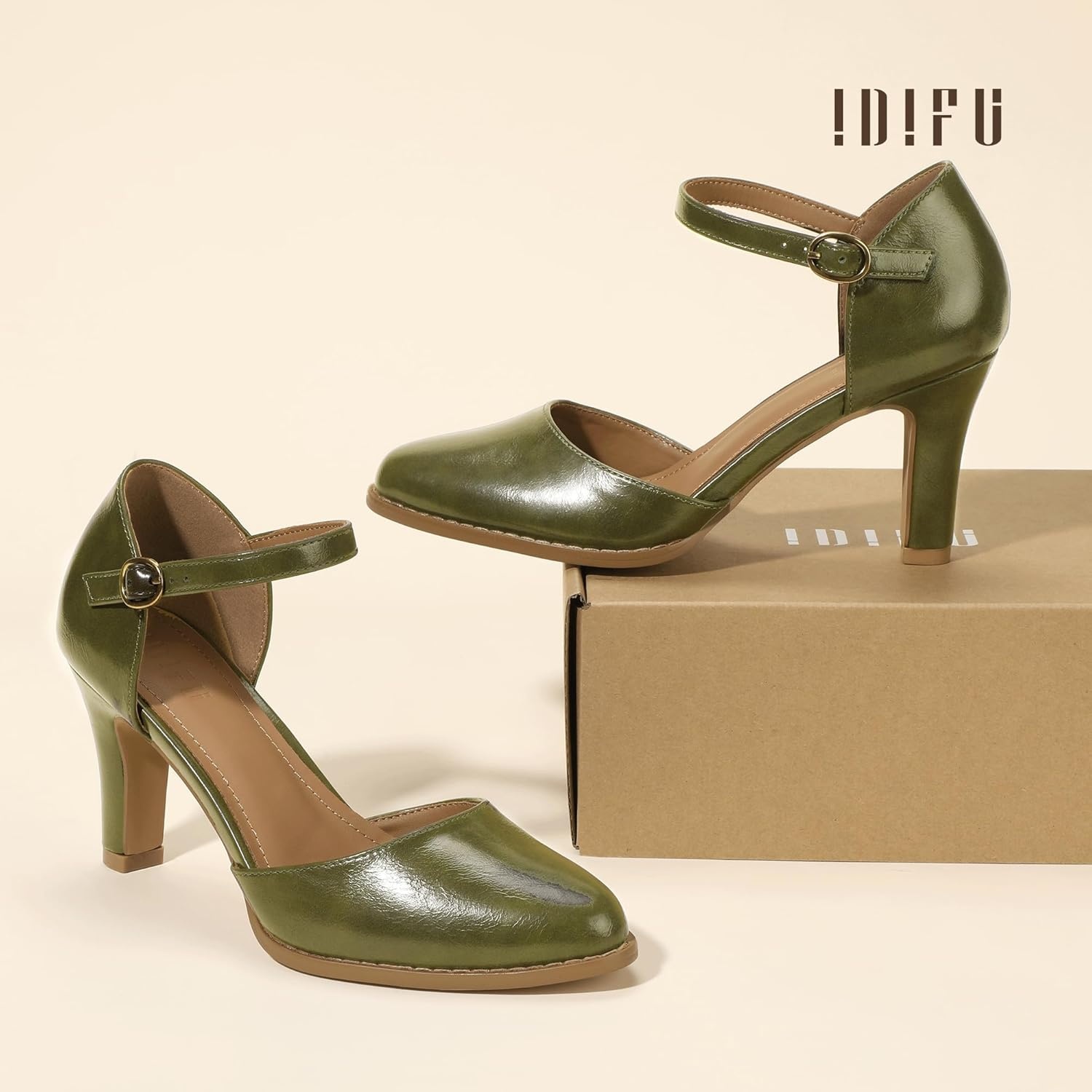 image:imageIDIFU IN3 Closed Toe Chunky High Heels Comfortable Dress Shoes for Women Pumps Vintage Heels Dressy Wedding Prom Bridal Party Work Office Business DOrsay Pumps ShoesOlive Green Pu