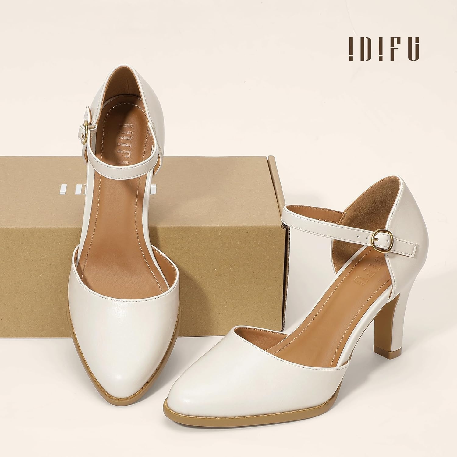 image:imageIDIFU IN3 Closed Toe Chunky High Heels Comfortable Dress Shoes for Women Pumps Vintage Heels Dressy Wedding Prom Bridal Party Work Office Business DOrsay Pumps ShoesWhite Pu