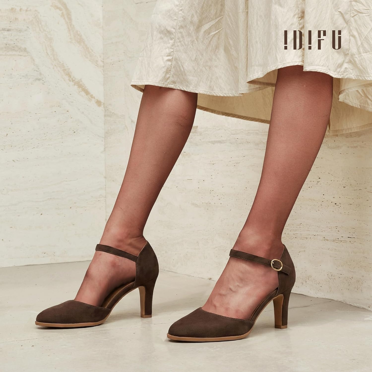 image:imageIDIFU IN3 Closed Toe Chunky High Heels Comfortable Dress Shoes for Women Pumps Vintage Heels Dressy Wedding Prom Bridal Party Work Office Business DOrsay Pumps ShoesBrown Suede
