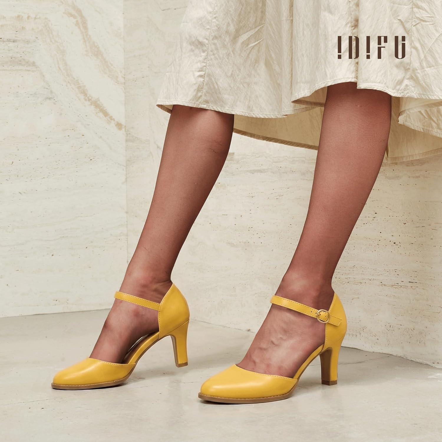 image:imageIDIFU IN3 Closed Toe Chunky High Heels Comfortable Dress Shoes for Women Pumps Vintage Heels Dressy Wedding Prom Bridal Party Work Office Business DOrsay Pumps ShoesYellow Pu