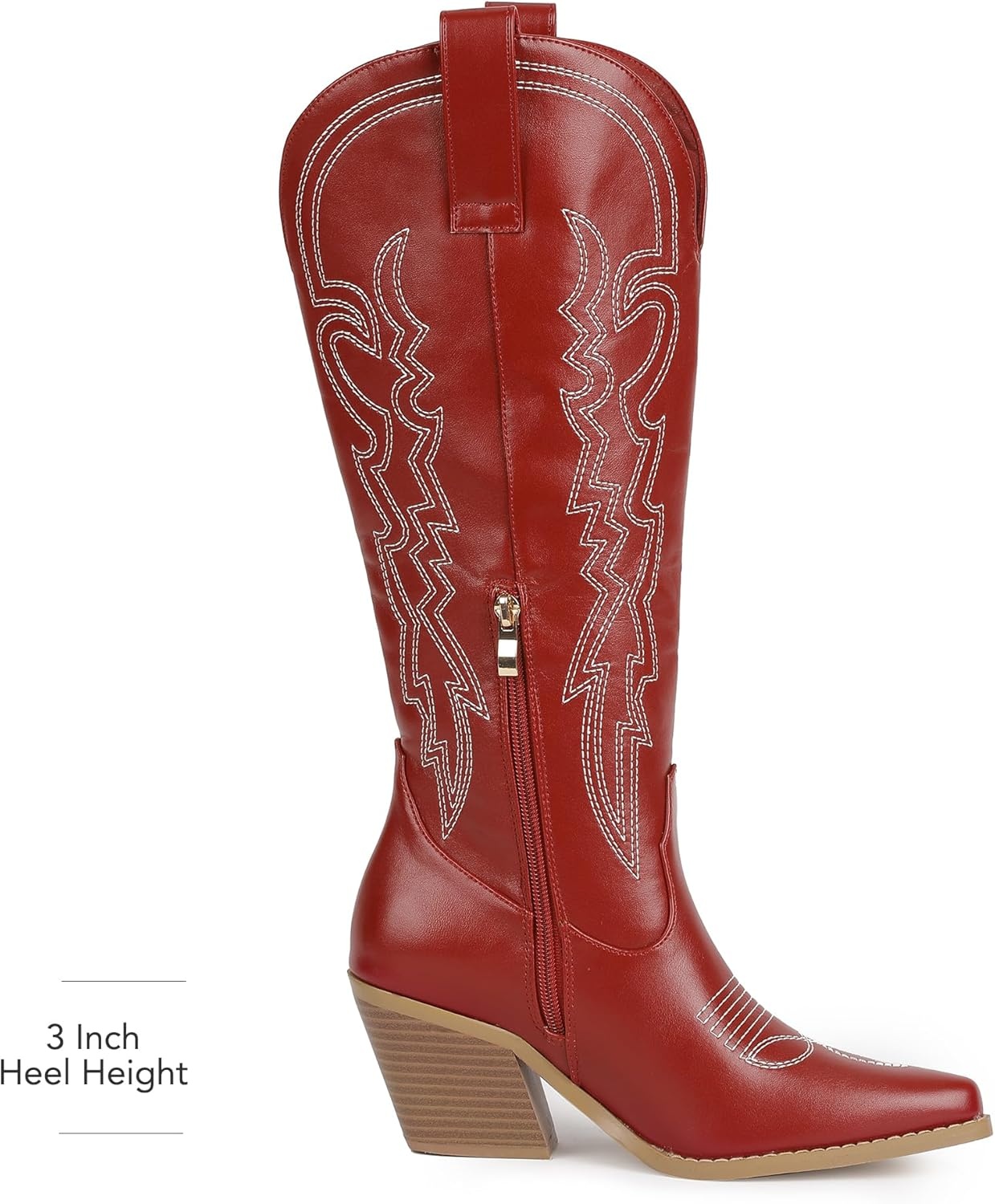 image:imageIDIFU IN3 Cowboy Boots for Women Cowgirl Knee High Western Embroidered Booties Side Zipper Low Block Chunky Heel Pull on Pointed Toe Tall Booties Comfy Dress Long BootsRed Pu