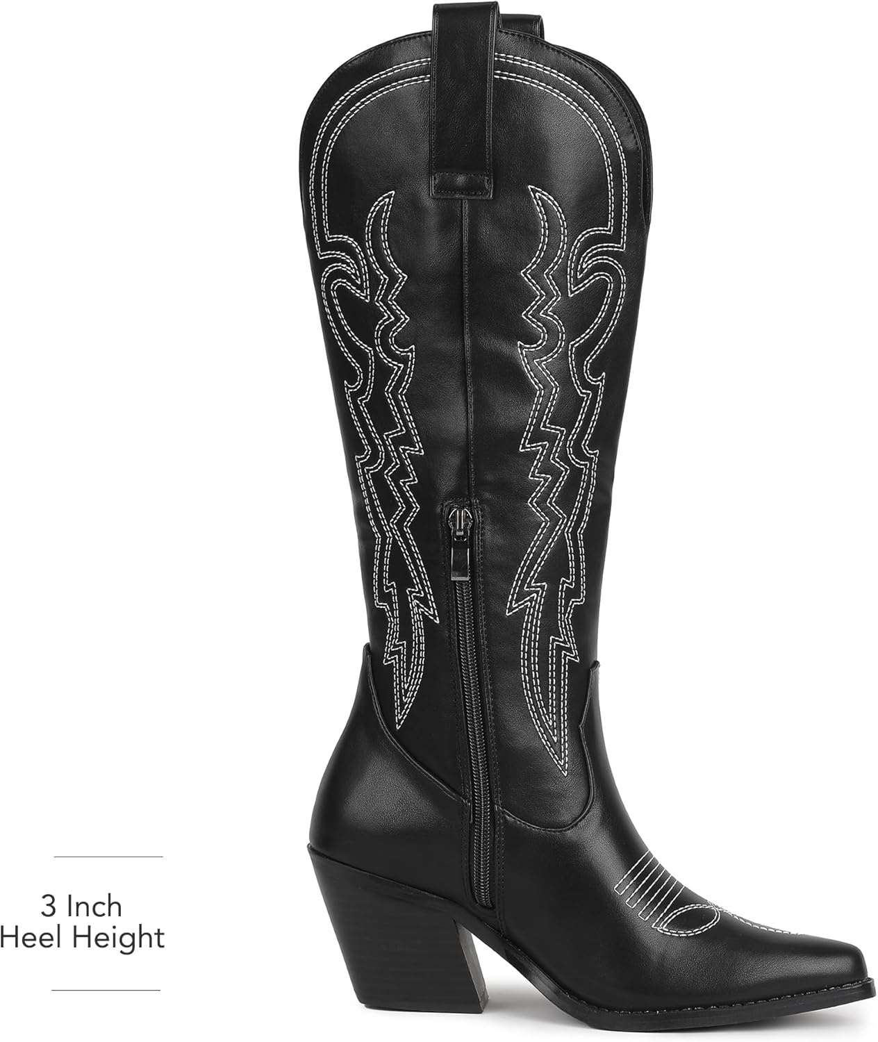 image:imageIDIFU IN3 Cowboy Boots for Women Cowgirl Knee High Western Embroidered Booties Side Zipper Low Block Chunky Heel Pull on Pointed Toe Tall Booties Comfy Dress Long BootsBlack Pu