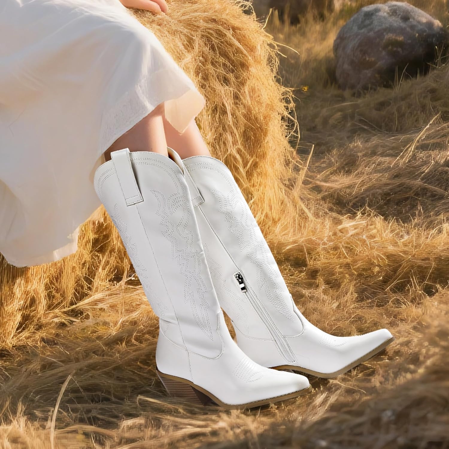 image:imageIDIFU IN3 Cowboy Boots for Women Cowgirl Knee High Western Embroidered Booties Side Zipper Low Block Chunky Heel Pull on Pointed Toe Tall Booties Comfy Dress Long BootsWhite Pu
