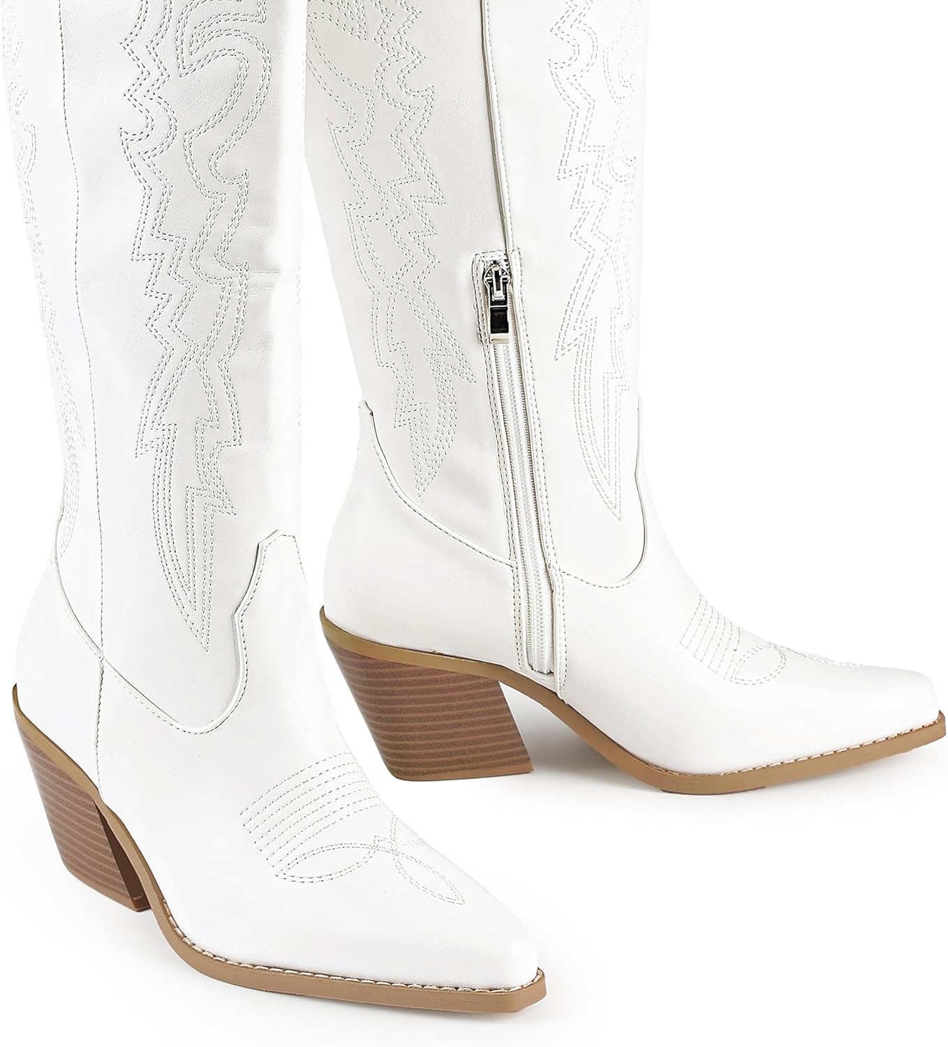 image:imageIDIFU IN3 Cowboy Boots for Women Cowgirl Knee High Western Embroidered Booties Side Zipper Low Block Chunky Heel Pull on Pointed Toe Tall Booties Comfy Dress Long BootsWhite Pu