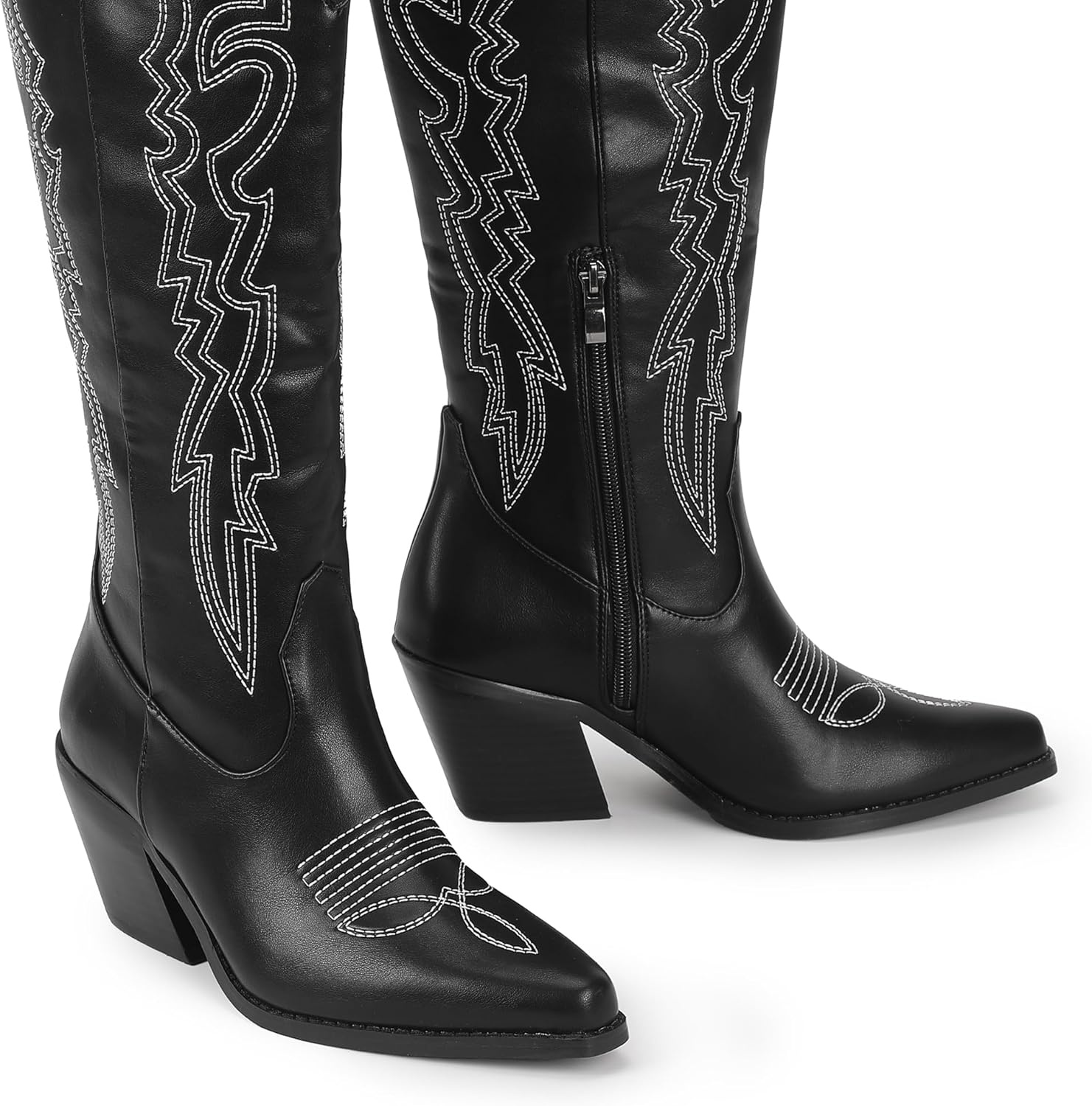 image:imageIDIFU IN3 Cowboy Boots for Women Cowgirl Knee High Western Embroidered Booties Side Zipper Low Block Chunky Heel Pull on Pointed Toe Tall Booties Comfy Dress Long BootsBlack Pu