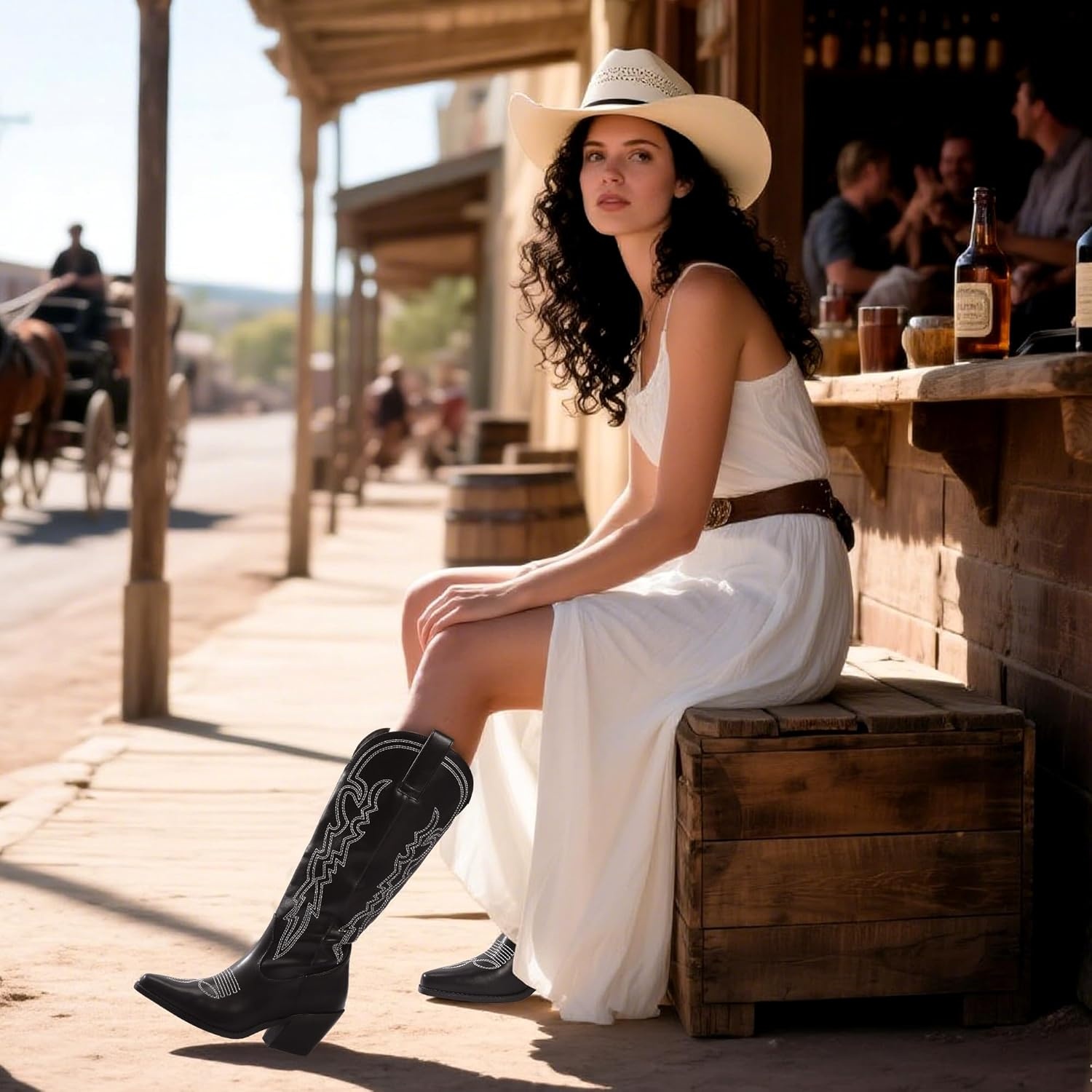 image:imageIDIFU IN3 Cowboy Boots for Women Cowgirl Knee High Western Embroidered Booties Side Zipper Low Block Chunky Heel Pull on Pointed Toe Tall Booties Comfy Dress Long BootsBlack Pu