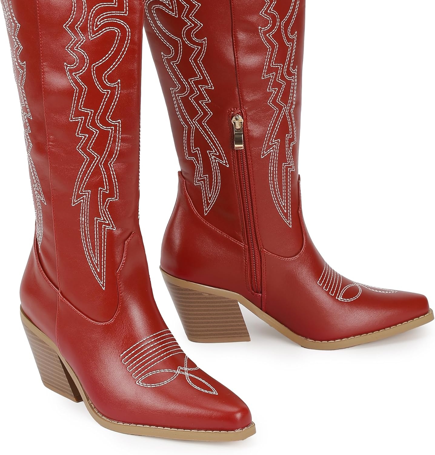 image:imageIDIFU IN3 Cowboy Boots for Women Cowgirl Knee High Western Embroidered Booties Side Zipper Low Block Chunky Heel Pull on Pointed Toe Tall Booties Comfy Dress Long BootsRed Pu