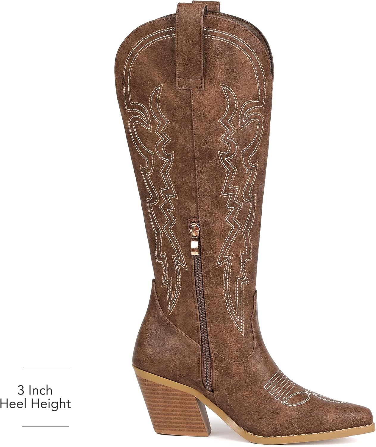 image:imageIDIFU IN3 Cowboy Boots for Women Cowgirl Knee High Western Embroidered Booties Side Zipper Low Block Chunky Heel Pull on Pointed Toe Tall Booties Comfy Dress Long BootsBrown Pu