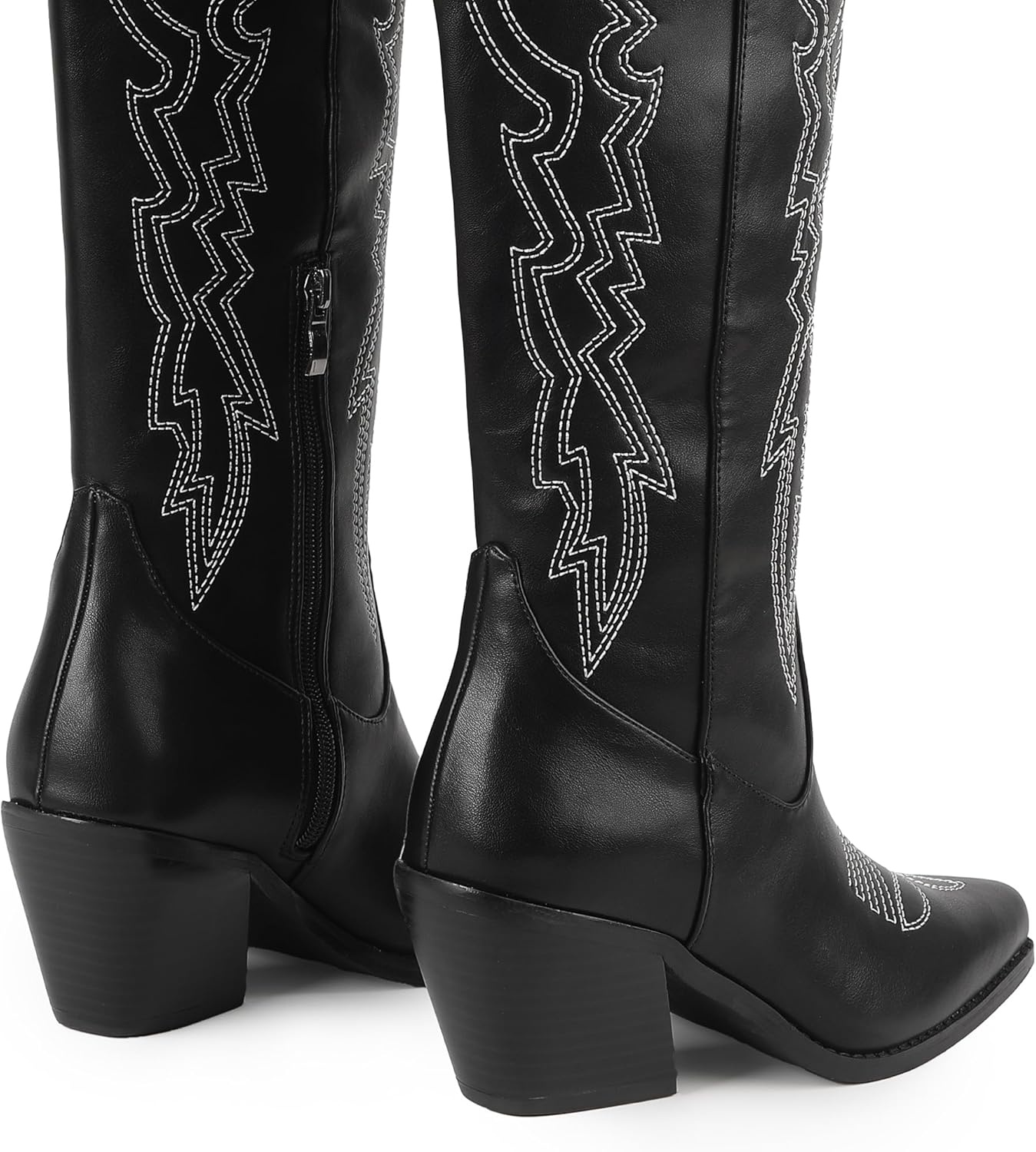image:imageIDIFU IN3 Cowboy Boots for Women Cowgirl Knee High Western Embroidered Booties Side Zipper Low Block Chunky Heel Pull on Pointed Toe Tall Booties Comfy Dress Long BootsBlack Pu