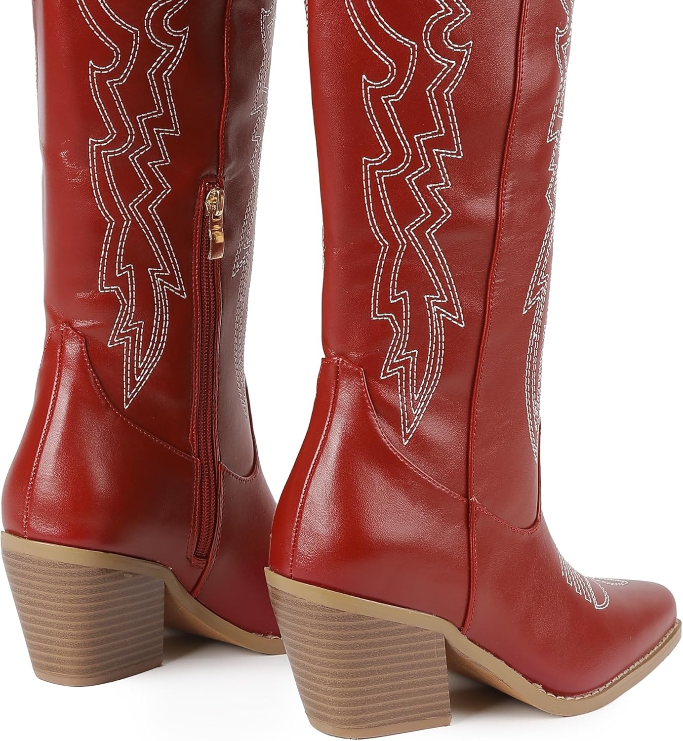 image:imageIDIFU IN3 Cowboy Boots for Women Cowgirl Knee High Western Embroidered Booties Side Zipper Low Block Chunky Heel Pull on Pointed Toe Tall Booties Comfy Dress Long BootsRed Pu