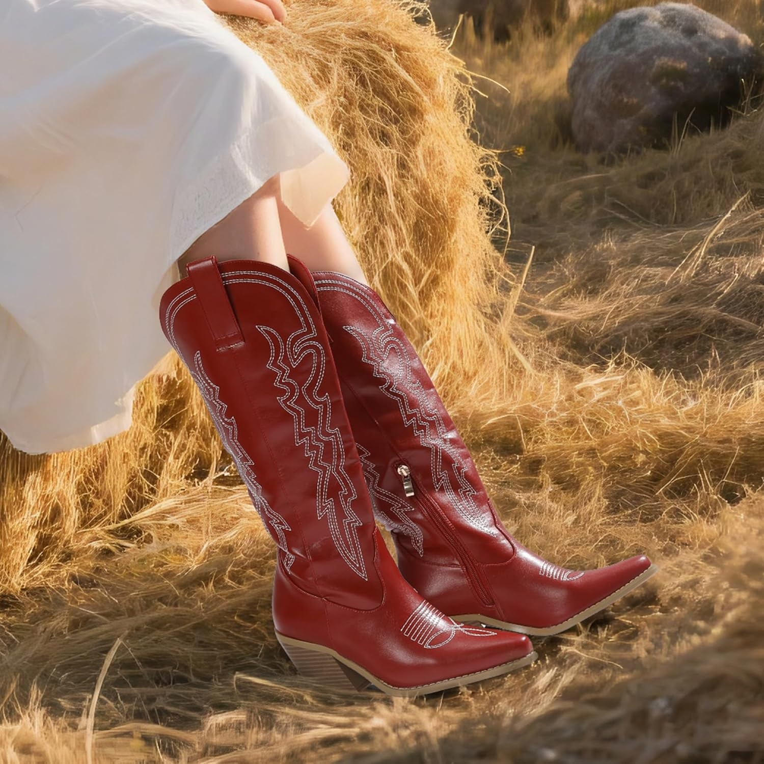 image:imageIDIFU IN3 Cowboy Boots for Women Cowgirl Knee High Western Embroidered Booties Side Zipper Low Block Chunky Heel Pull on Pointed Toe Tall Booties Comfy Dress Long BootsRed Pu