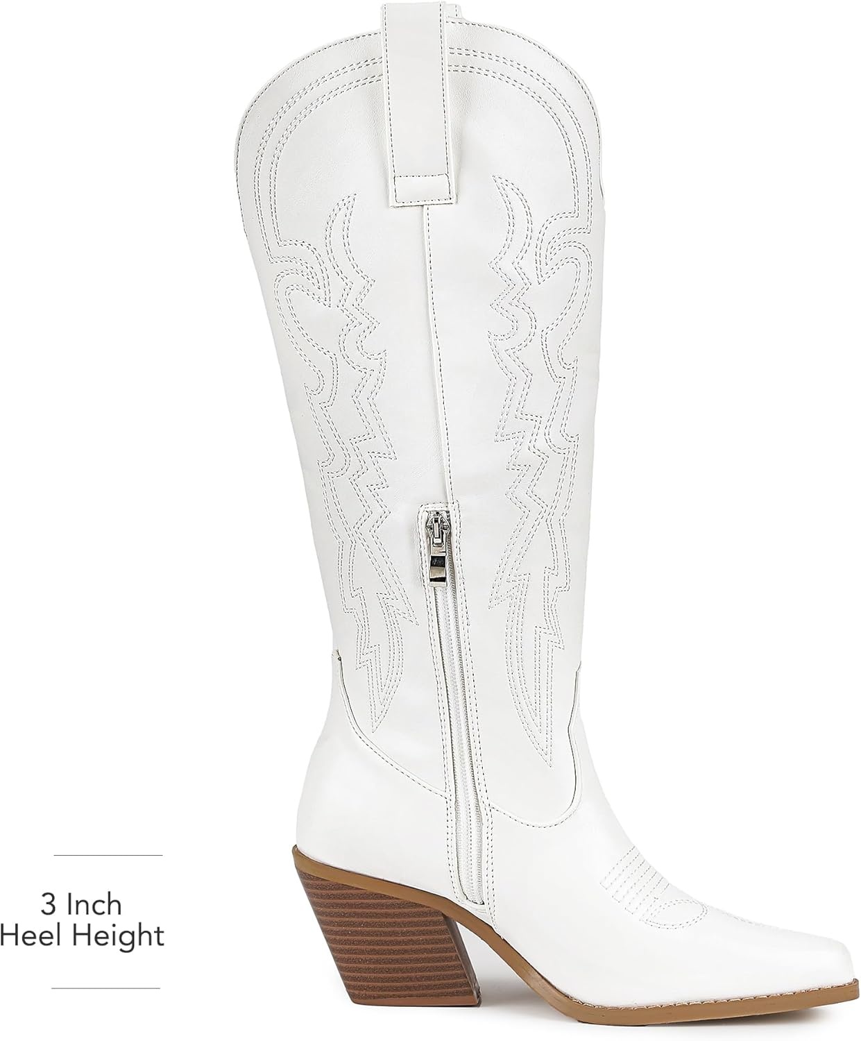 image:imageIDIFU IN3 Cowboy Boots for Women Cowgirl Knee High Western Embroidered Booties Side Zipper Low Block Chunky Heel Pull on Pointed Toe Tall Booties Comfy Dress Long BootsWhite Pu