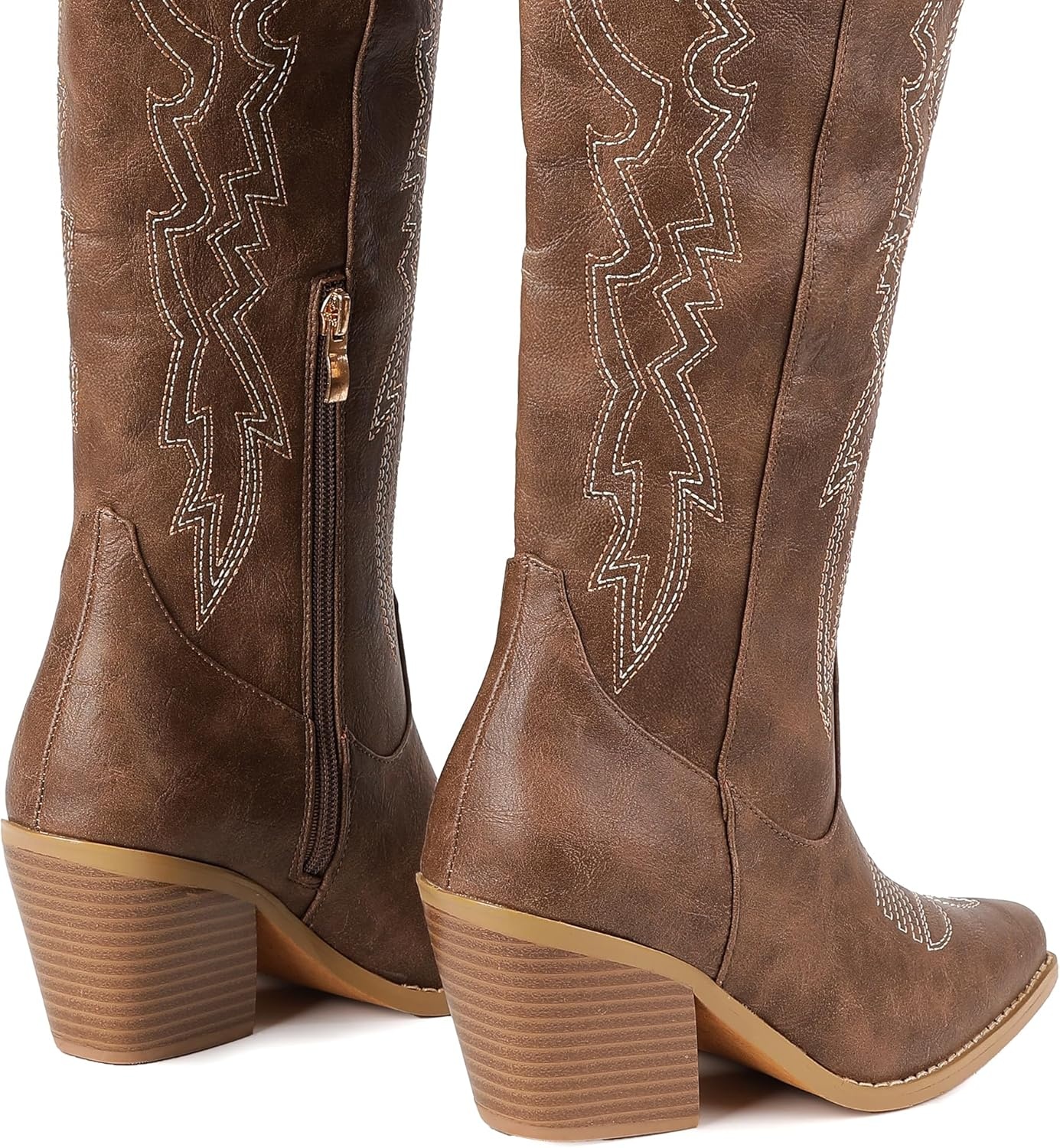 image:imageIDIFU IN3 Cowboy Boots for Women Cowgirl Knee High Western Embroidered Booties Side Zipper Low Block Chunky Heel Pull on Pointed Toe Tall Booties Comfy Dress Long BootsBrown Pu