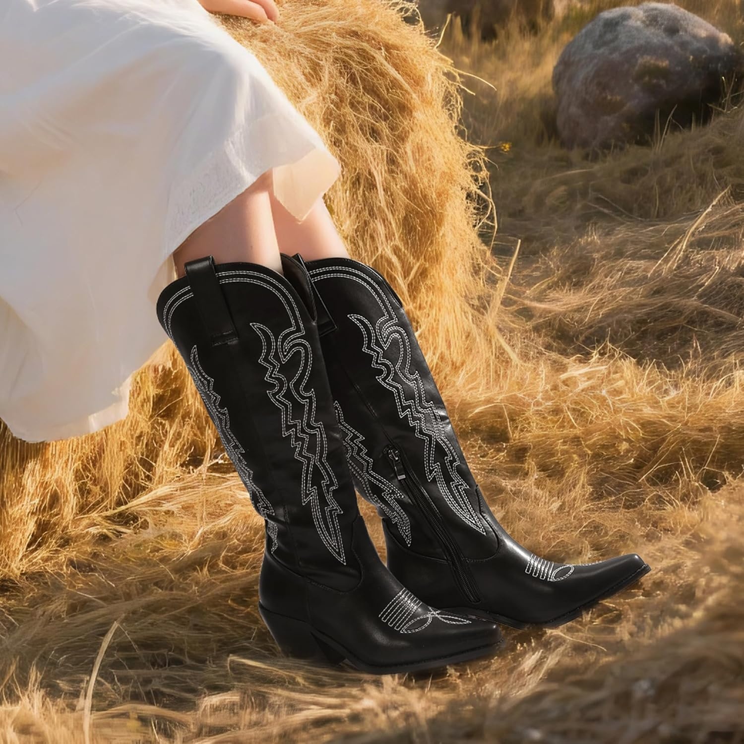 image:imageIDIFU IN3 Cowboy Boots for Women Cowgirl Knee High Western Embroidered Booties Side Zipper Low Block Chunky Heel Pull on Pointed Toe Tall Booties Comfy Dress Long BootsBlack Pu