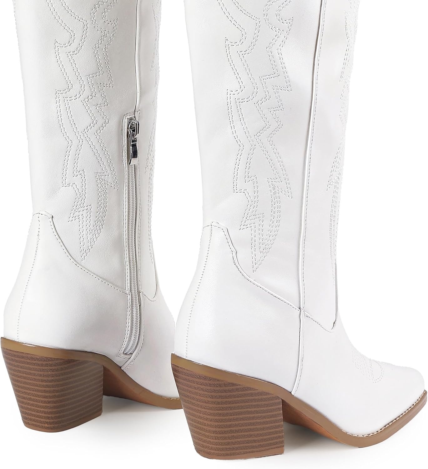 image:imageIDIFU IN3 Cowboy Boots for Women Cowgirl Knee High Western Embroidered Booties Side Zipper Low Block Chunky Heel Pull on Pointed Toe Tall Booties Comfy Dress Long BootsWhite Pu