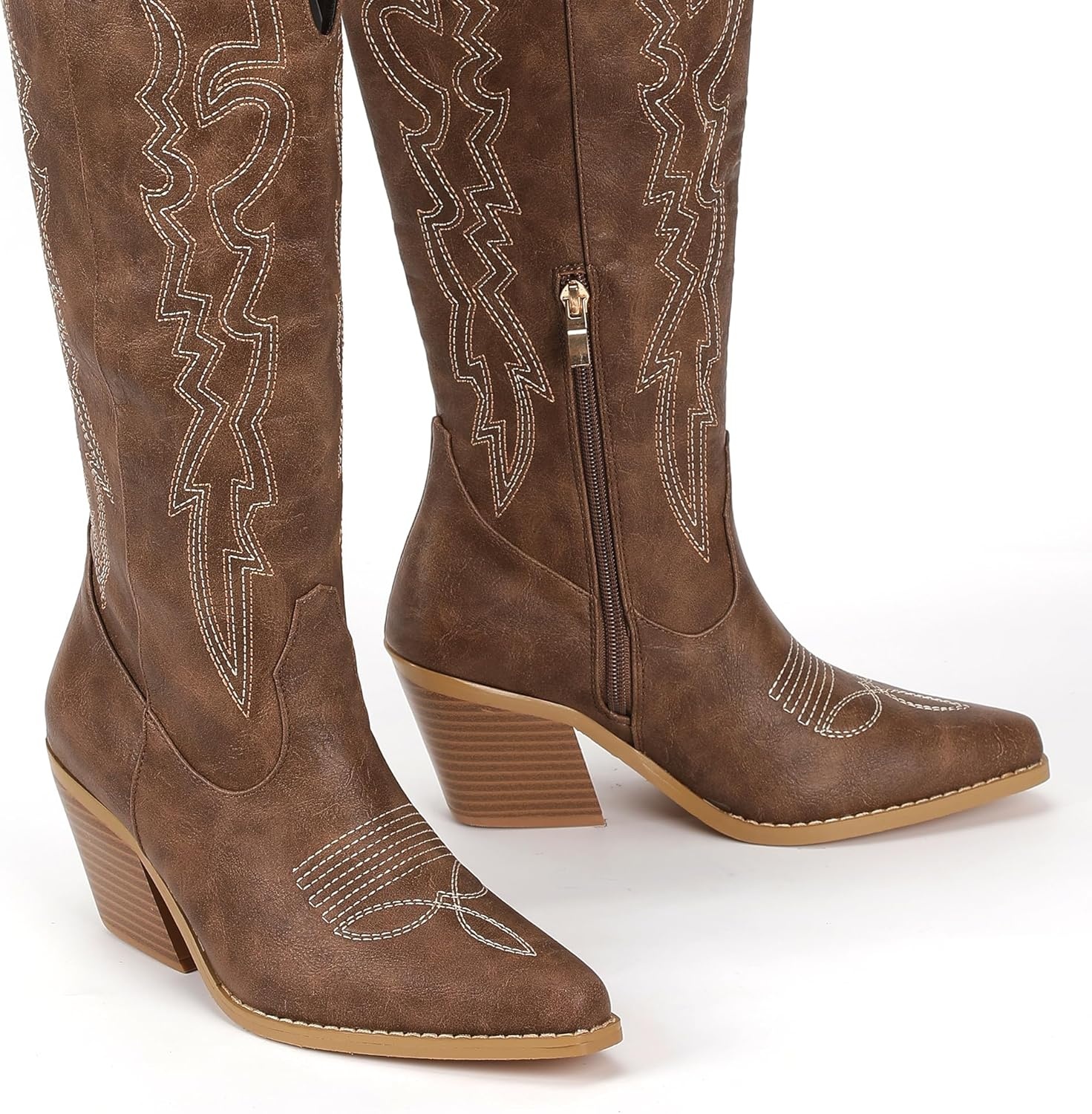 image:imageIDIFU IN3 Cowboy Boots for Women Cowgirl Knee High Western Embroidered Booties Side Zipper Low Block Chunky Heel Pull on Pointed Toe Tall Booties Comfy Dress Long BootsBrown Pu